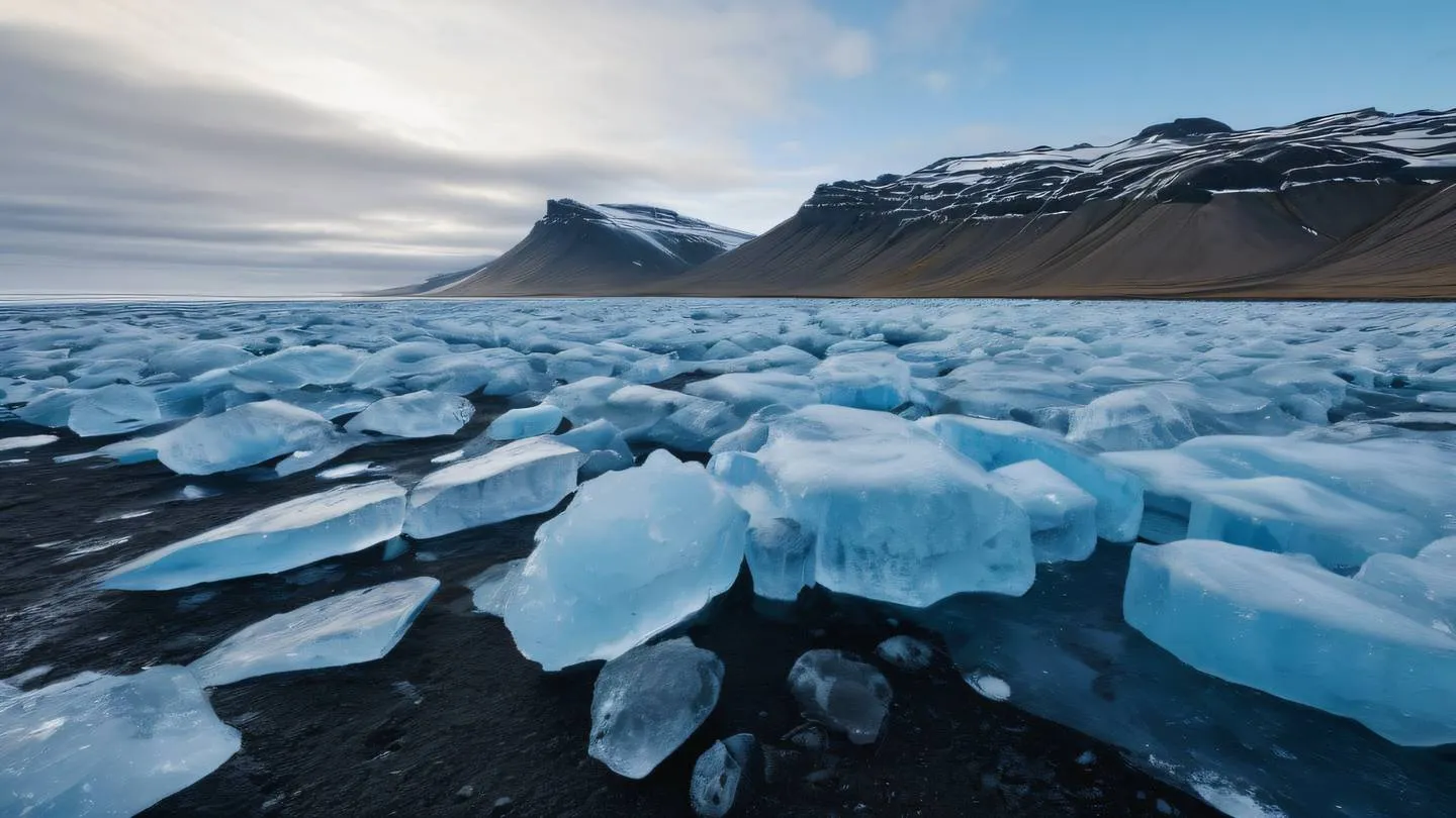 Abstract iceland landscape with geometric ice formations featuring bright crystal clear blue and white colors with black stone accents captured from a wide angle perspective showing the vastness of the scene high-quality ultra-realistic cinematic 8K UHD high resolution sharp and detail