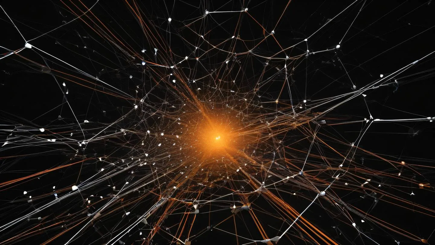 A futuristic abstract digital network of interconnected nodes and pathways floating in space rendered in bright orange and white colors against a deep black background camera angle: wide shot from slightly above high-quality ultra-realistic cinematic 8K UHD high resolution sharp and detail