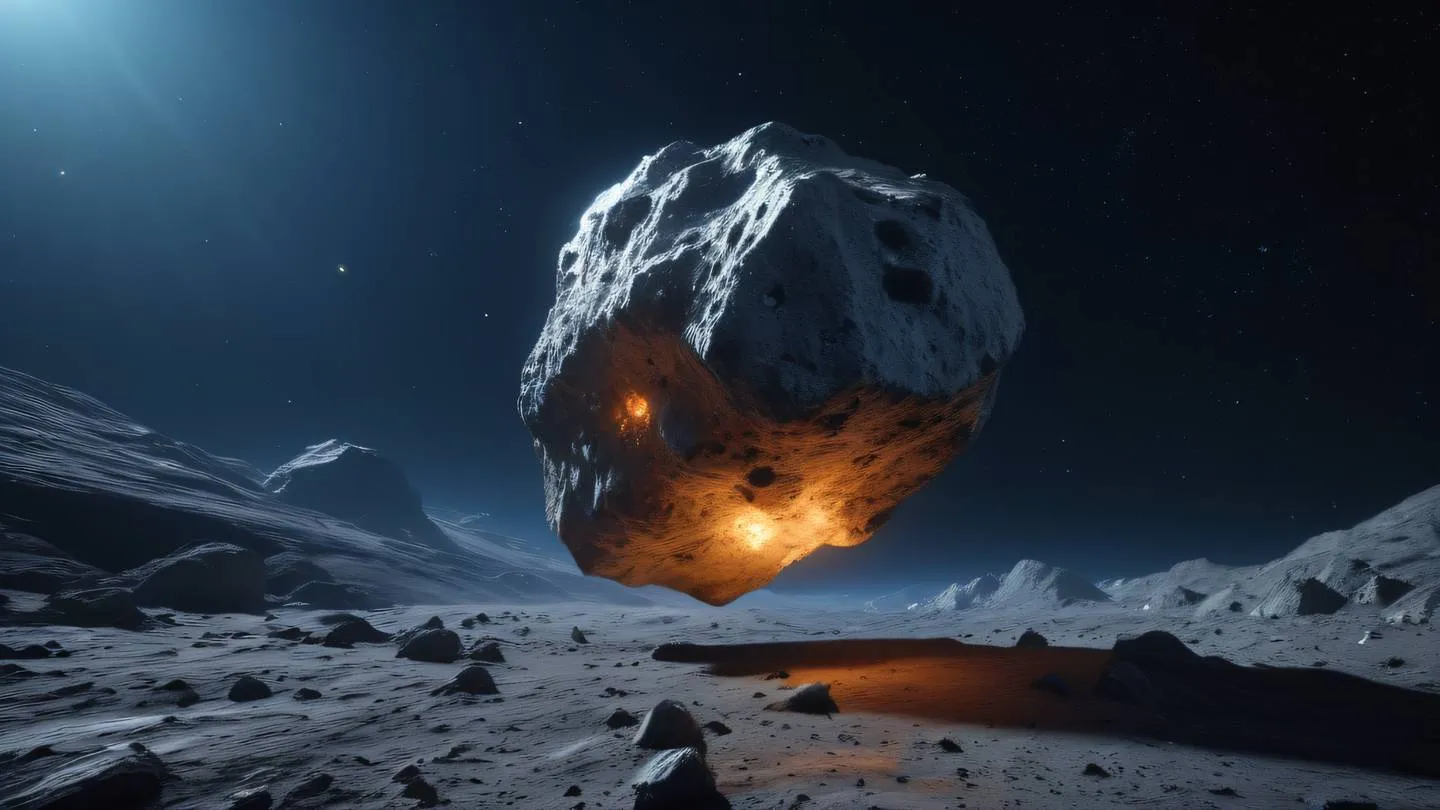 Rocky asteroid floating in space with crystalline formations illuminated by distant starlight in October mist colors with subtle orange highlights camera angle: low angle dramatic shot high-quality ultra-realistic cinematic 8K UHD high resolution sharp and detail