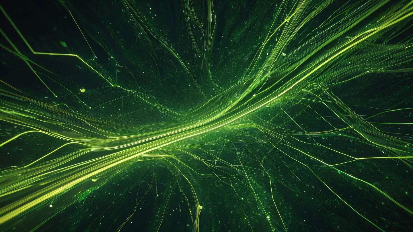 Abstract visualization of data flows and connections flowing like a river through geometric shapes using bright lime and forest green colors with golden accents viewed from top-down perspective high-quality ultra-realistic cinematic 8K UHD high resolution sharp and detail