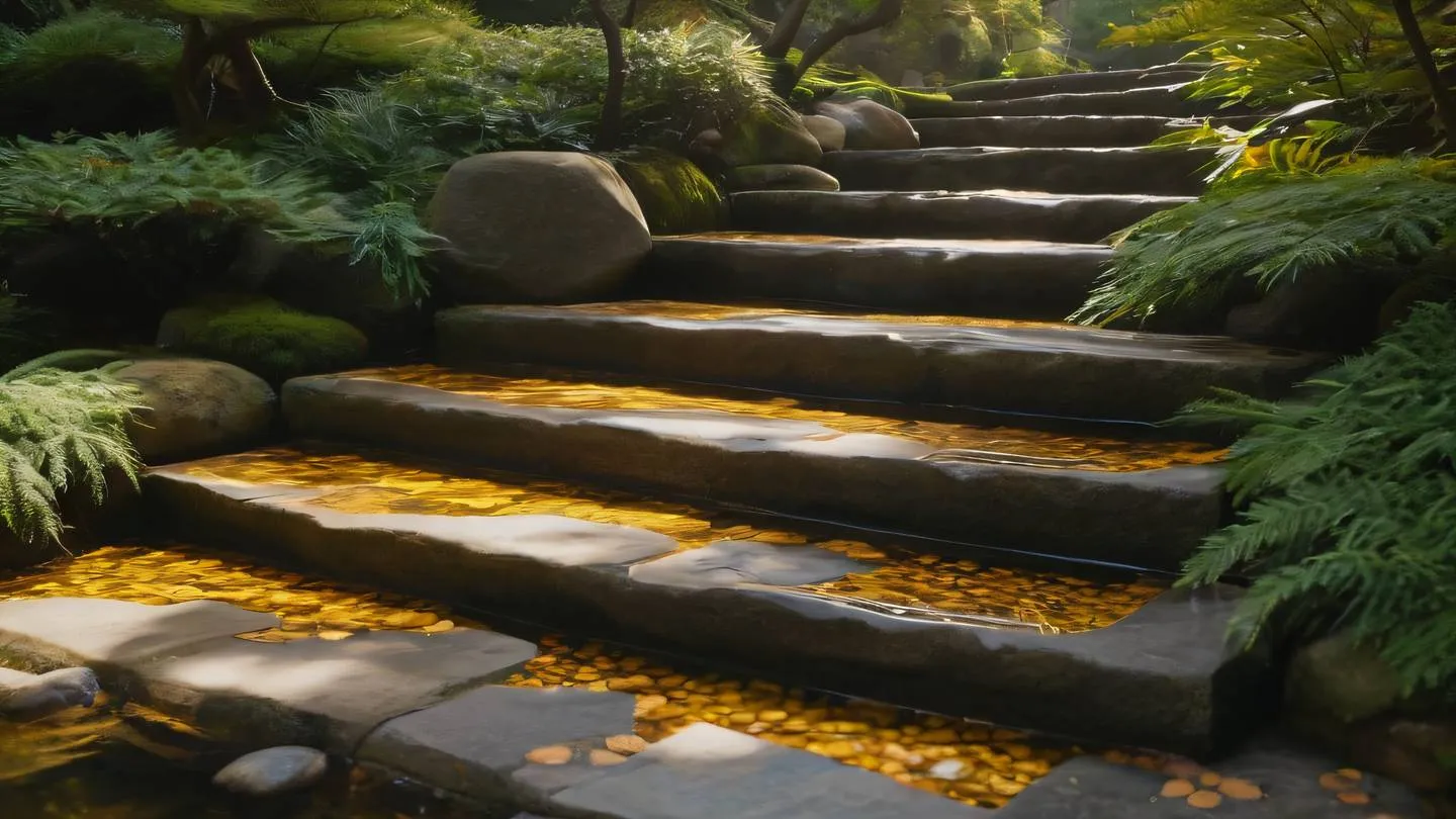 Flowing water cascading over geometric stone steps in a Japanese garden with amber and golden tones reflecting in the water shot from a low angle perspective high-quality ultra-realistic cinematic 8K UHD high resolution sharp and detail