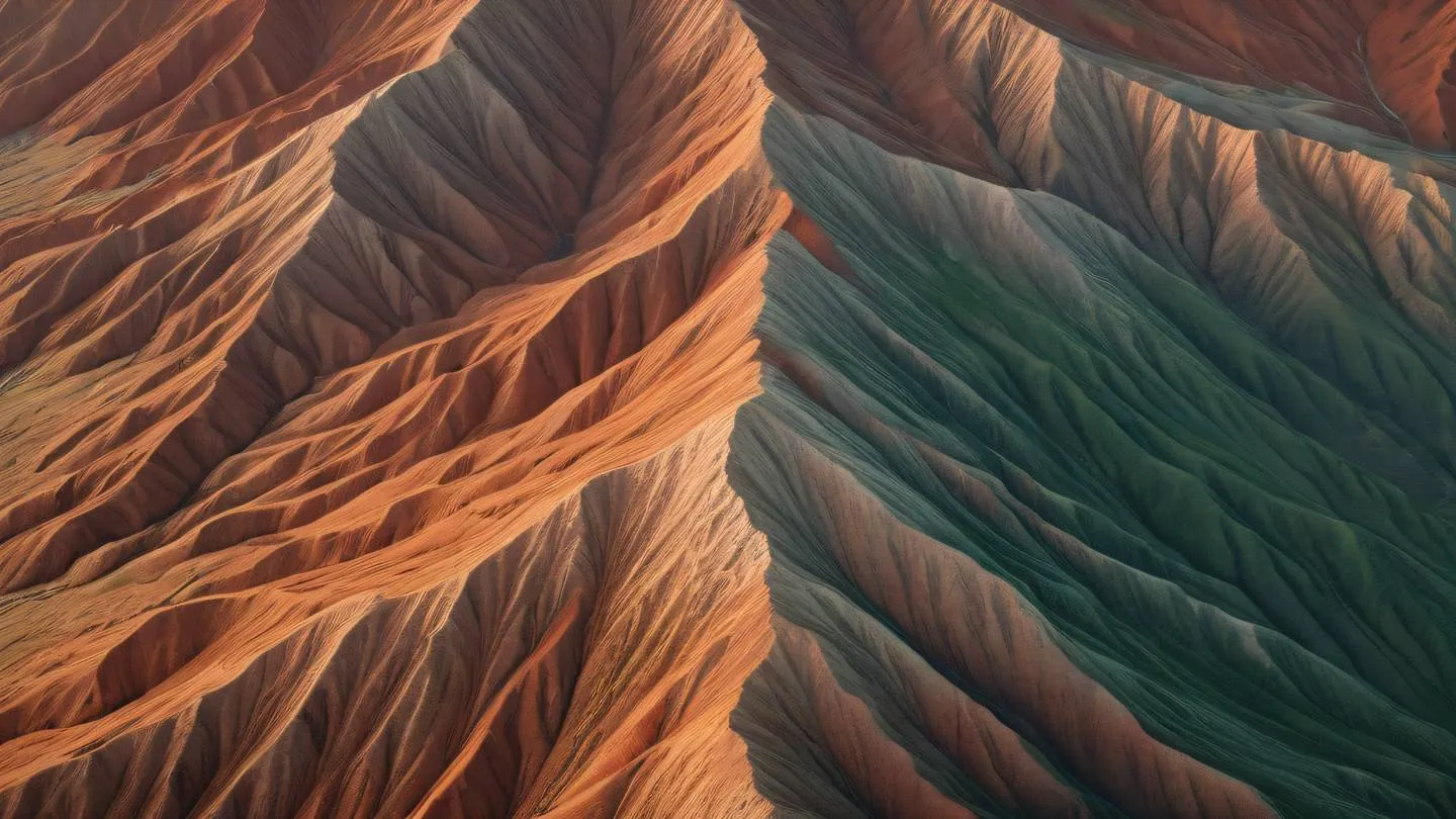 Abstract geometric mountain ranges with rustic terracotta and forest green colors layered with sharp edges viewed from a diagonal aerial perspective high-quality ultra-realistic cinematic 8K UHD high resolution sharp and detail