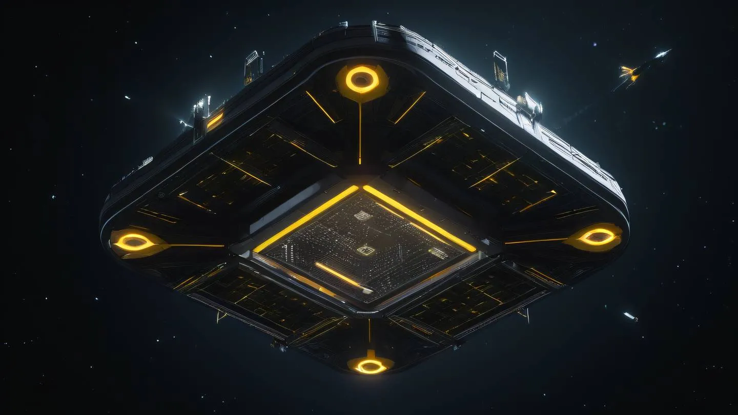 Abstract space station floating in void with geometric patterns stark black background with bright amber and lime accent lights captured from a dramatic upward angle high-quality ultra-realistic cinematic 8K UHD high resolution sharp and detail