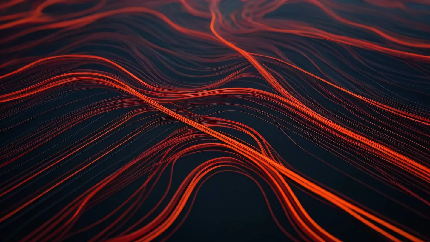 Abstract flowing lines resembling database connections and data streams with bold orange and blood red color scheme flowing from left to right captured from a top-down perspective high-quality ultra-realistic cinematic 8K UHD high resolution sharp and detail