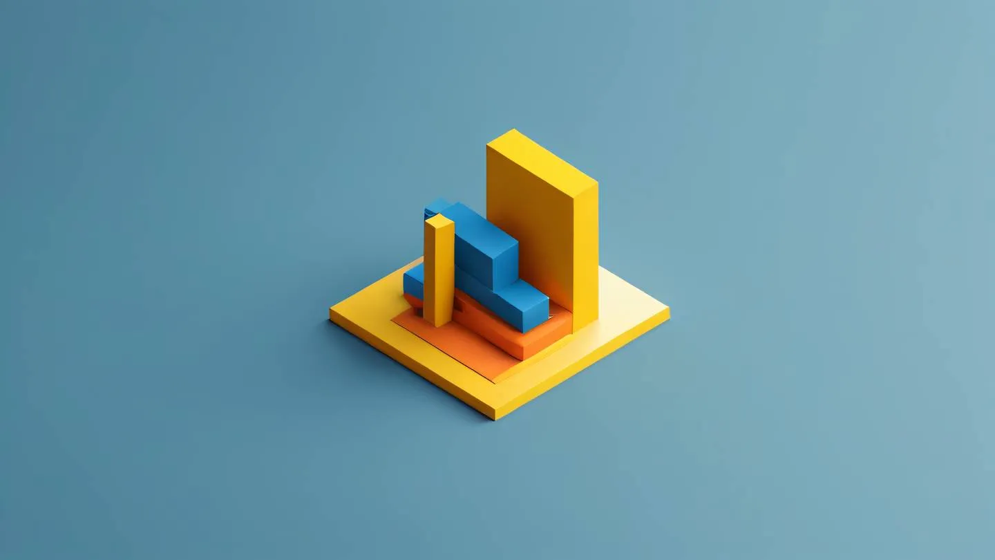 Minimalist geometric shapes representing database architecture featuring minimalist yellow orange and blue colors viewed from an isometric angle high-quality ultra-realistic cinematic 8K UHD high resolution sharp and detail