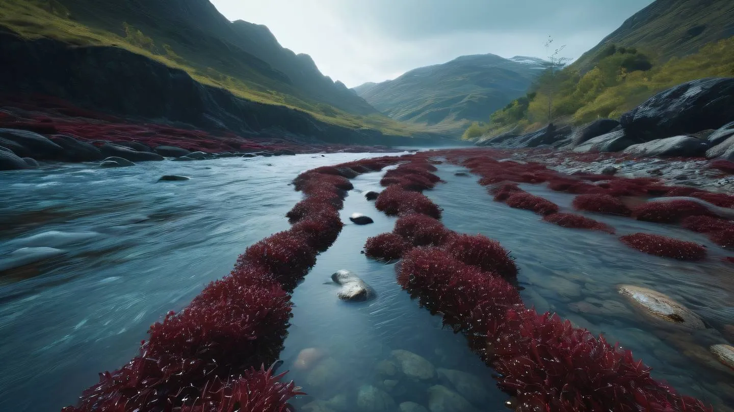 Organic flowing data pathways represented by natural elements like rivers and streams with maroon seaweed and stone blue colors captured from a dramatic low angle high-quality ultra-realistic cinematic 8K UHD high resolution sharp and detail