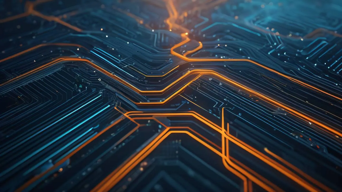 Abstract representation of data flow using geometric patterns and light streams with bold orange and stone blue gradient shot from a bird's eye perspective high-quality ultra-realistic cinematic 8K UHD high resolution sharp and detail