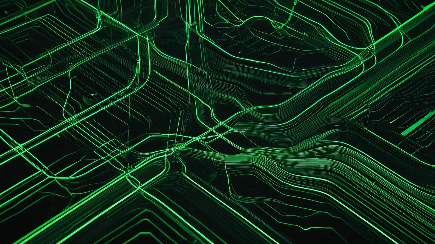 A minimalist abstract representation of database connections with flowing lines and nodes geometric shapes in bright green and black color palette sharp lines and organic curves interweaving shot from top-down perspective high-quality ultra-realistic cinematic 8K UHD high resolution sharp and detail