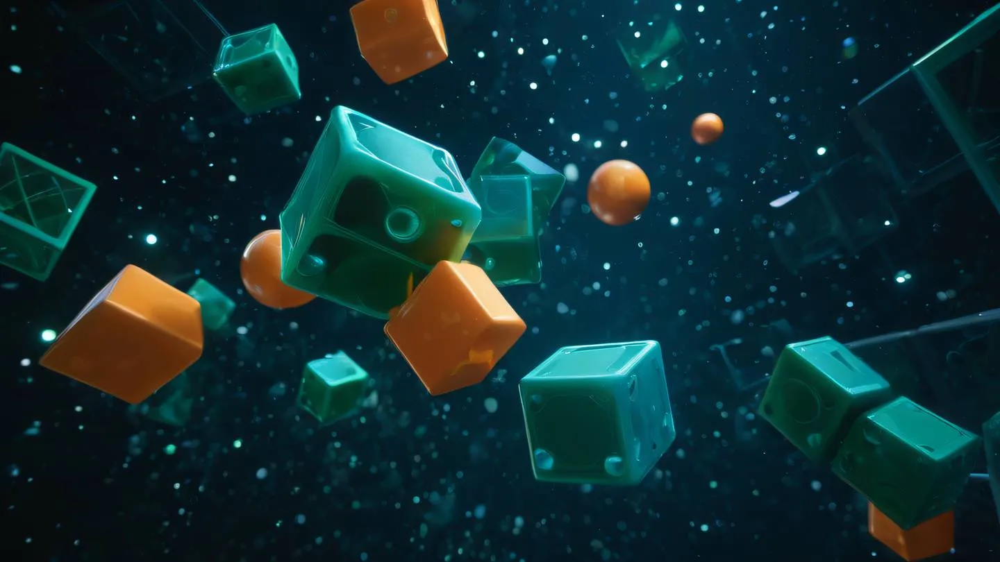 Abstract 3D sculpture of interconnected cubes and spheres floating in space contemporary style in blue green and orange colors dramatic side lighting shot from low angle high-quality ultra-realistic cinematic 8K UHD high resolution sharp and detail