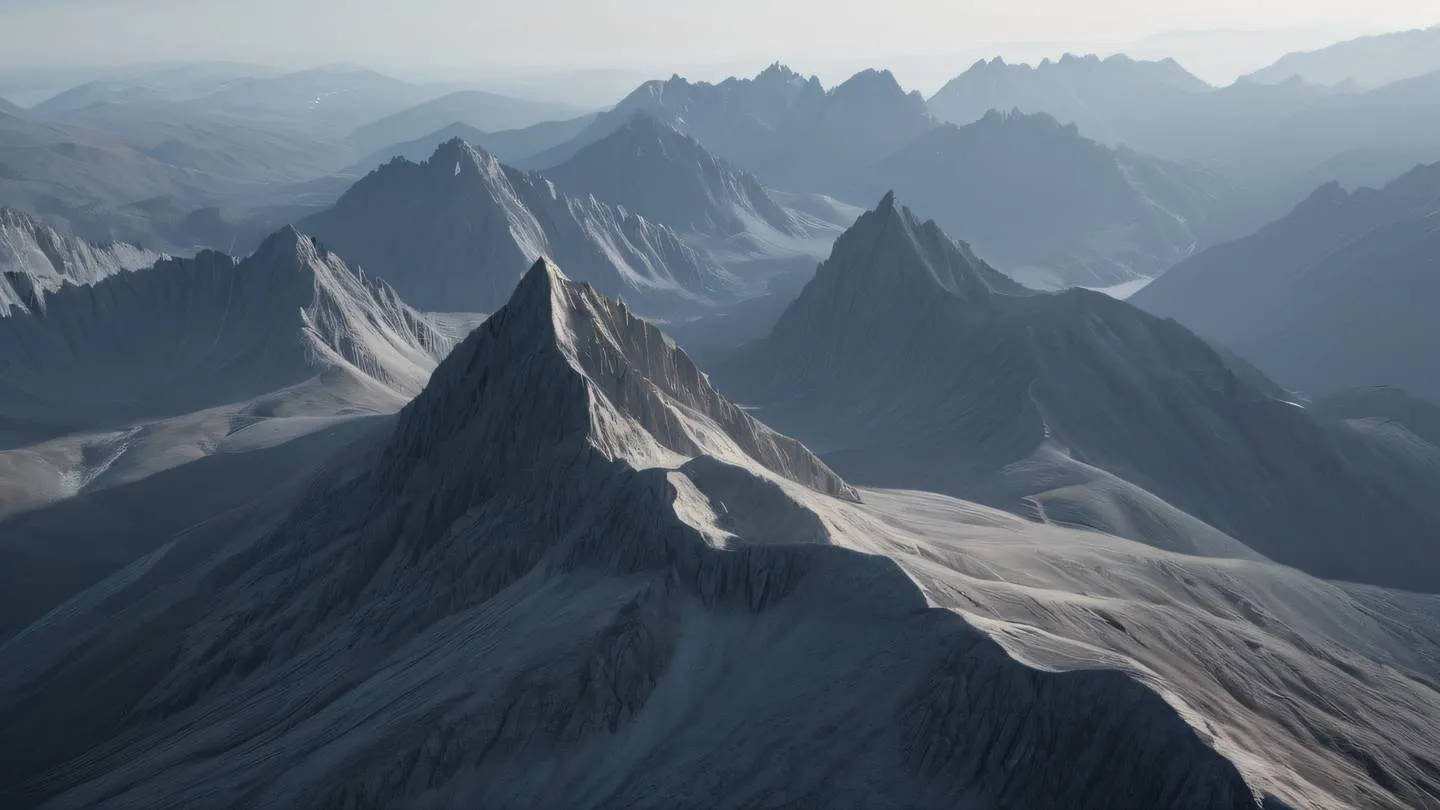 Geometric mountain landscape with sharp peaks and valleys rendered in minimal and modern greys soft morning light shot from aerial perspective high-quality ultra-realistic cinematic 8K UHD high resolution sharp and detail