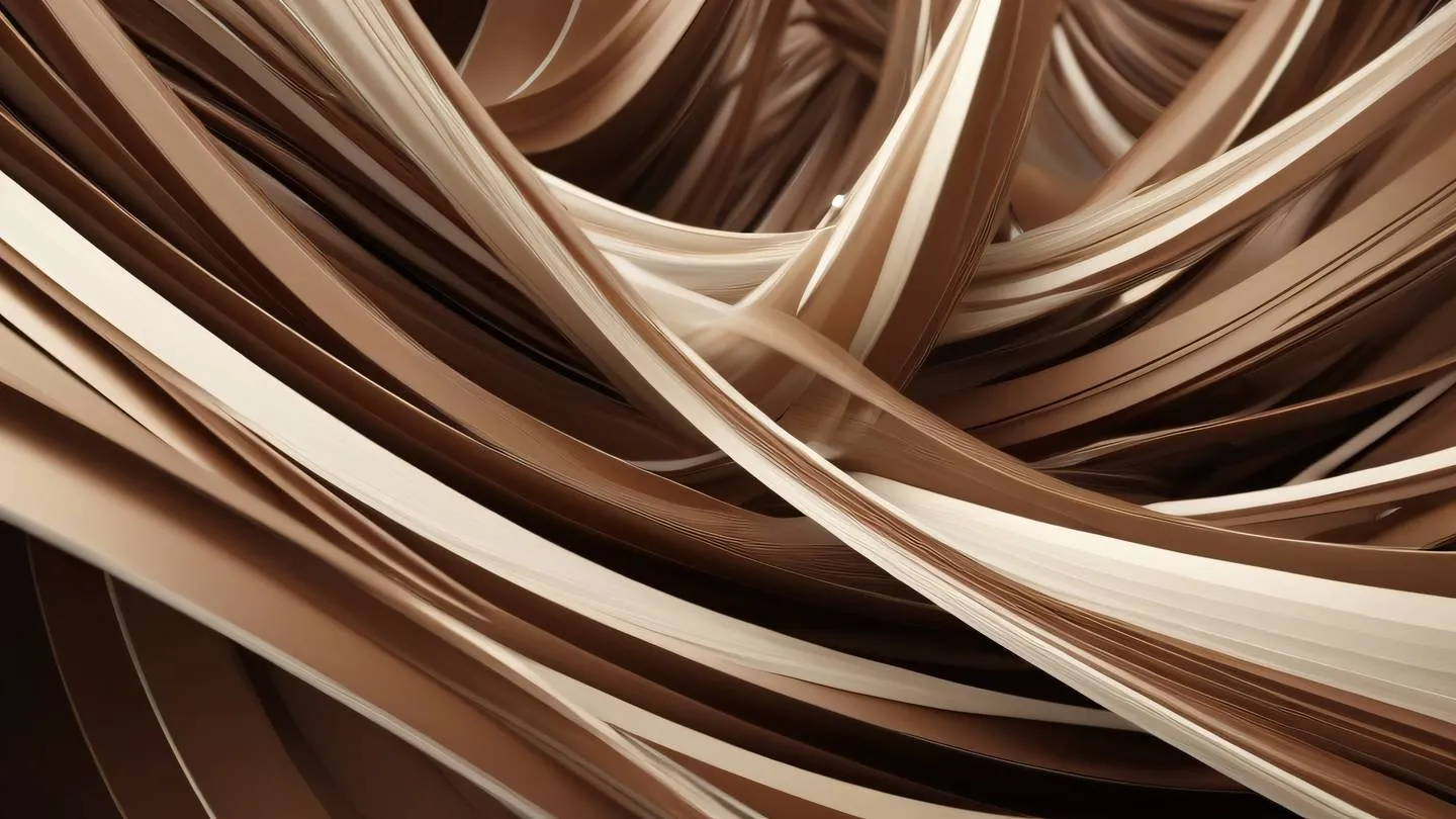 Abstract flowing data streams represented by interweaving ribbons and geometric shapes contemporary brown and cream colors dynamic motion blur shot from dutch angle perspective high-quality ultra-realistic cinematic 8K UHD high resolution sharp and detail