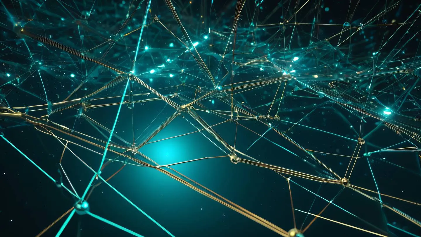 A futuristic abstract representation of connected nodes and pathways floating in space featuring geometric shapes in iridescent colors of teal silver and gold interconnected by glowing lines shot from a low angle perspective looking up high-quality ultra-realistic cinematic 8K UHD high resolution sharp and detail