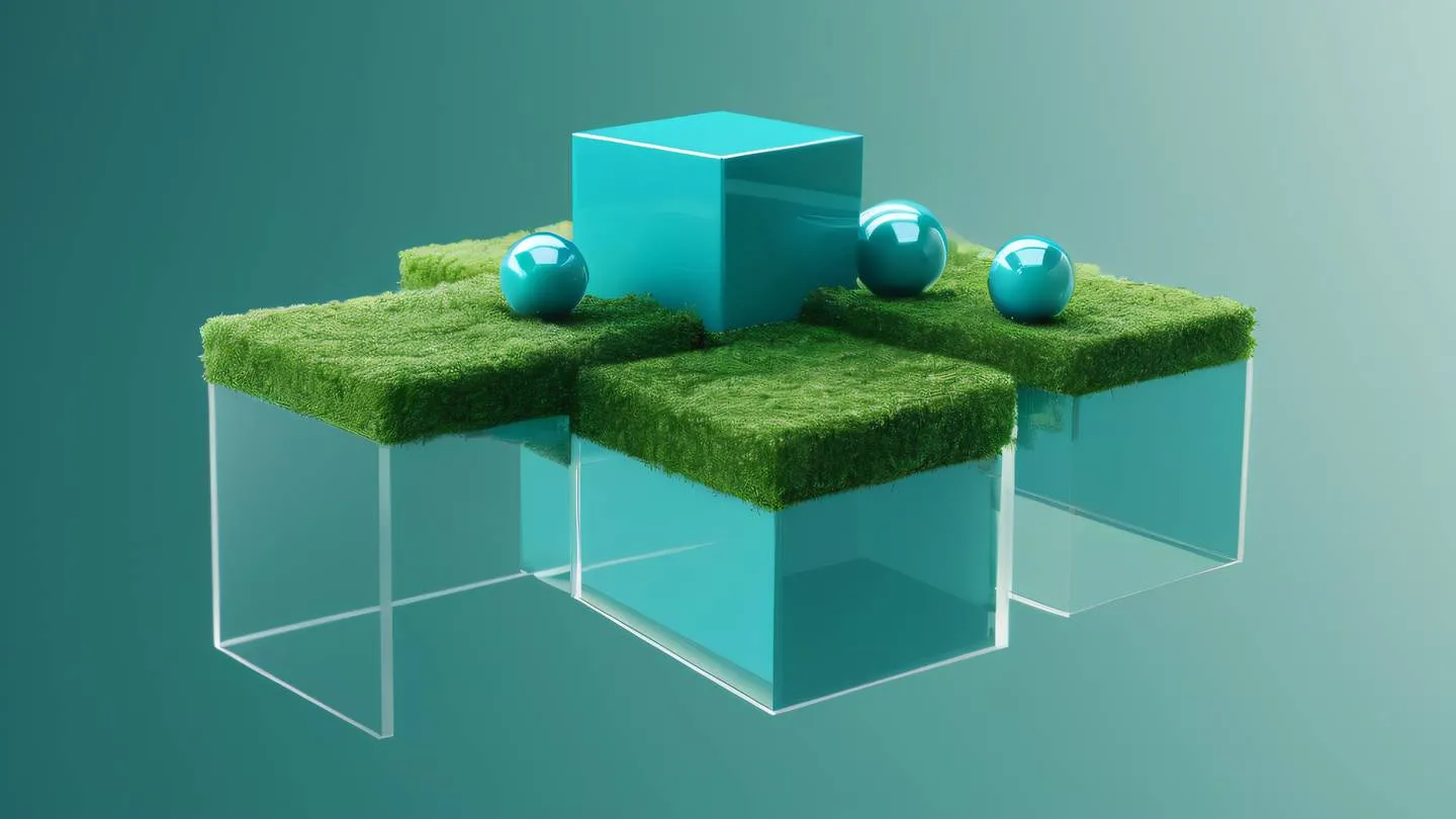 Geometric abstract composition of interconnected cubes and spheres floating above a reflective surface rendered in Turquoise blue and fresh moss green colors captured from a three-quarter view angle high-quality ultra-realistic cinematic 8K UHD high resolution sharp and detail