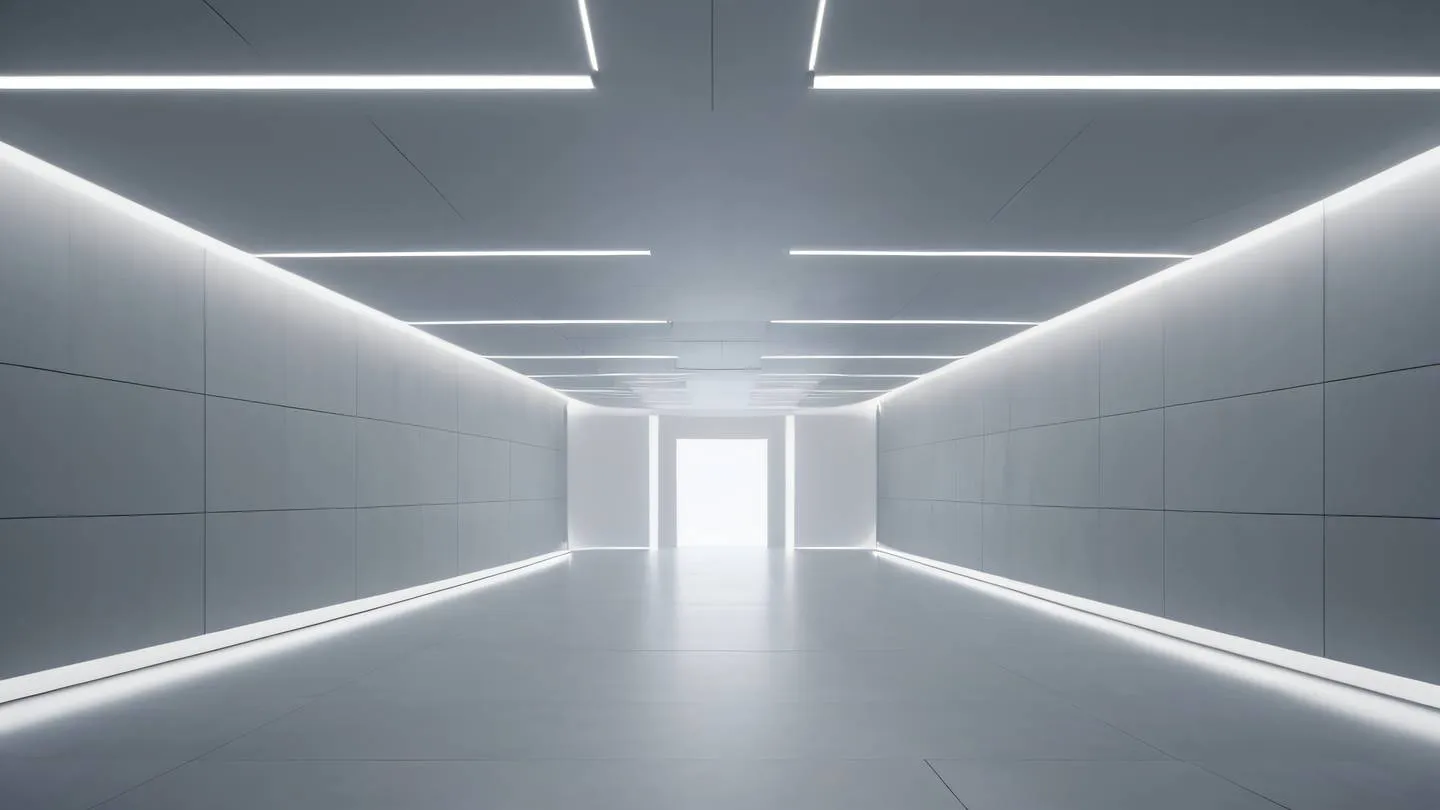 Modern minimal architectural space with interconnected geometric shapes and light beams featuring Minimal and modern greys with subtle white accents photographed from a wide-angle perspective high-quality ultra-realistic cinematic 8K UHD high resolution sharp and detail