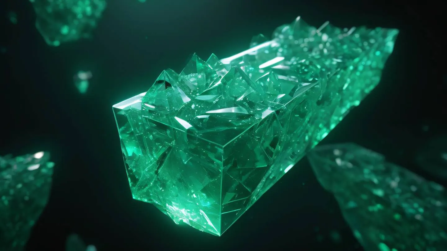 A glowing emerald crystal database structure floating in dark space intricate network of connections between translucent crystal shards geometric patterns sharp crystalline edges catching light ultra-realistic cinematic lighting 8K UHD high resolution macro shot from 45-degree angle emerald green color palette with bright accents