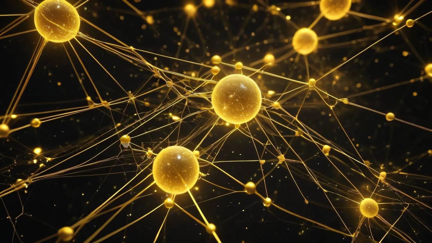 Abstract network of interconnected golden nodes floating in space representing data flow dynamic energy streams connecting points of light warm golden color palette with bright yellow accents ultra-realistic cinematic 8K UHD high resolution bird's eye view shot