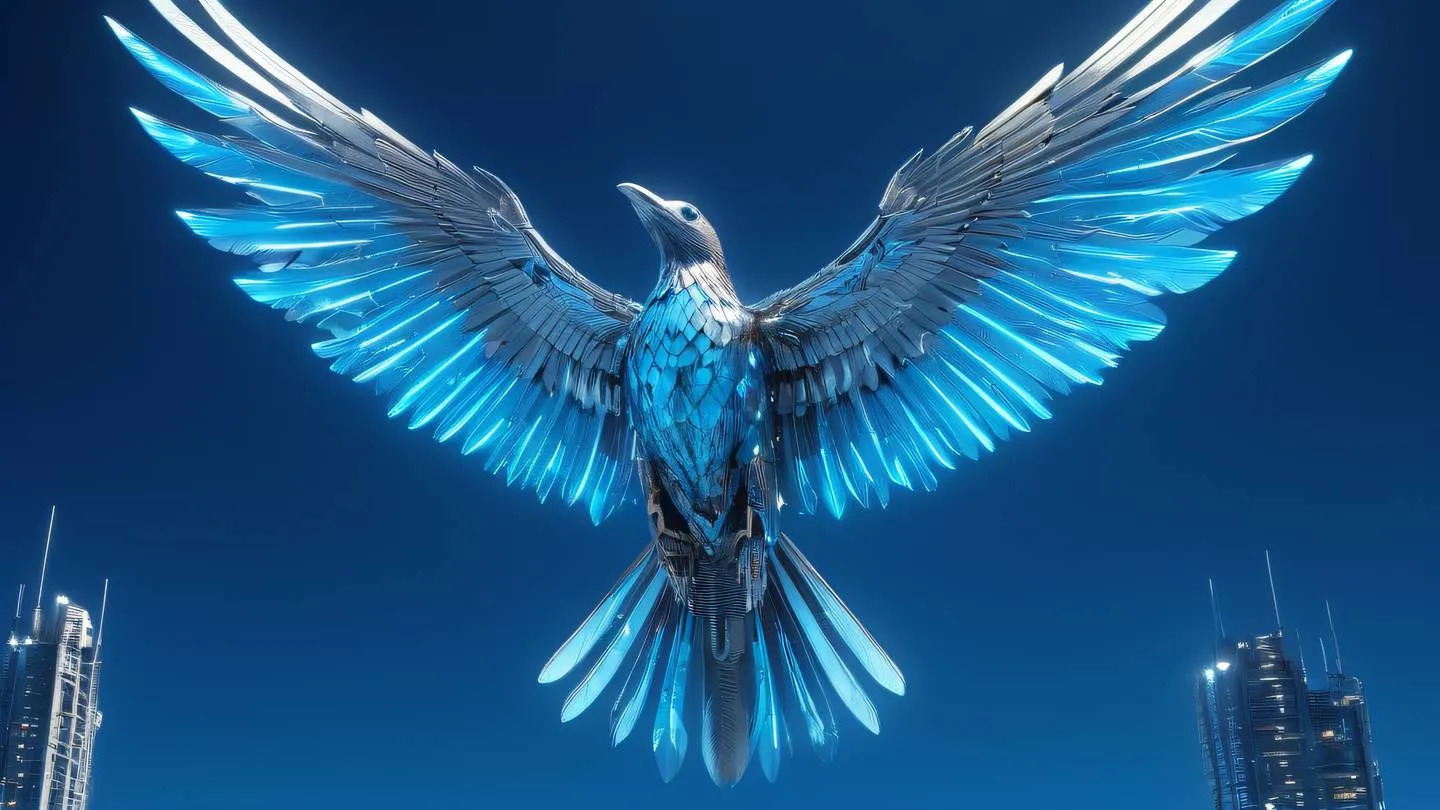 A soaring metallic bird made of circuit-like patterns against a backdrop of neon blue sky mechanical wings spread wide intricate technological details bright neon blue and silver color palette ultra-realistic cinematic 8K UHD high resolution shot from below looking up