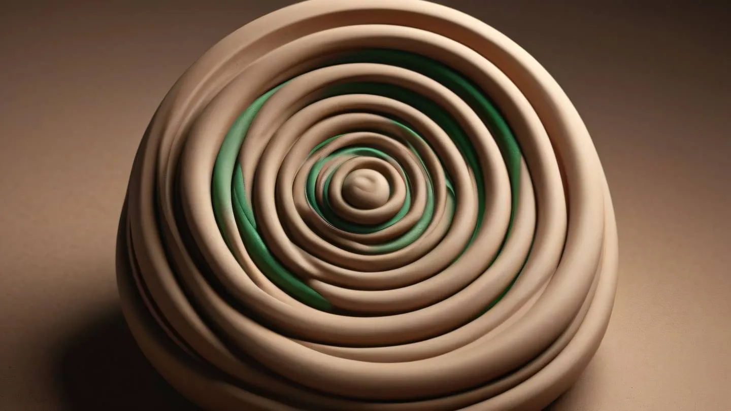 A minimalist clay sculpture of interconnected geometric shapes representing data flow smooth surfaces with subtle textures warm earth tones with bright emerald green accents arranged in a spiral pattern ultra-realistic cinematic lighting 8K UHD high resolution shot from a 3/4 perspective angle