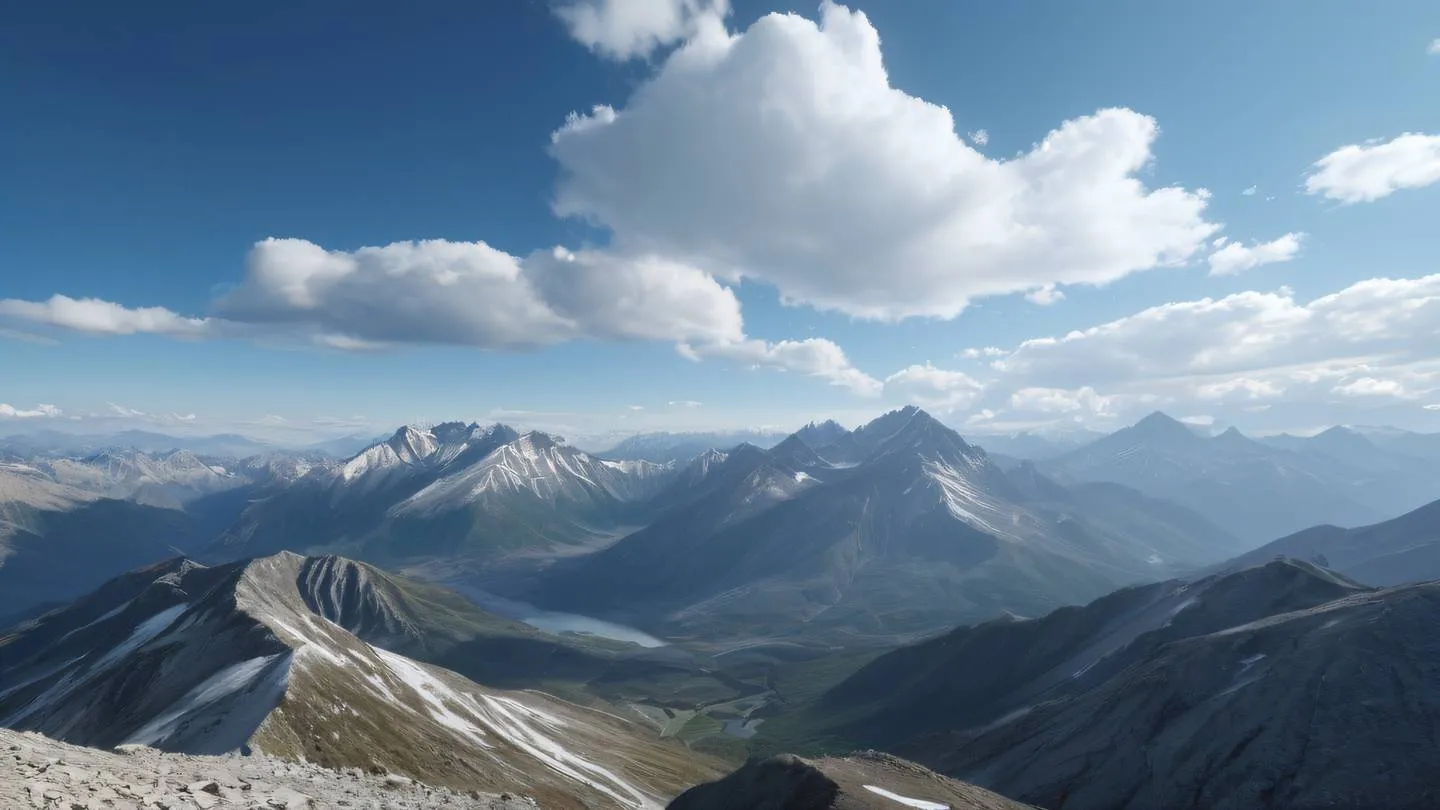 A serene mountain landscape with interconnected geometric patterns floating in the sky featuring bright white clouds against zinc-colored mountains shot from a wide-angle perspective high-quality ultra-realistic cinematic 8K UHD high resolution sharp and detail