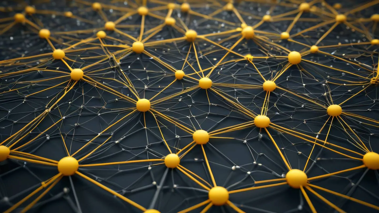 A dramatic aerial view of interconnected geometric patterns forming a network structure with bright butterscotch yellow and gray gradients flowing through the connections suggesting data flow and error handling processes high-quality ultra-realistic cinematic 8K UHD high resolution sharp and detail