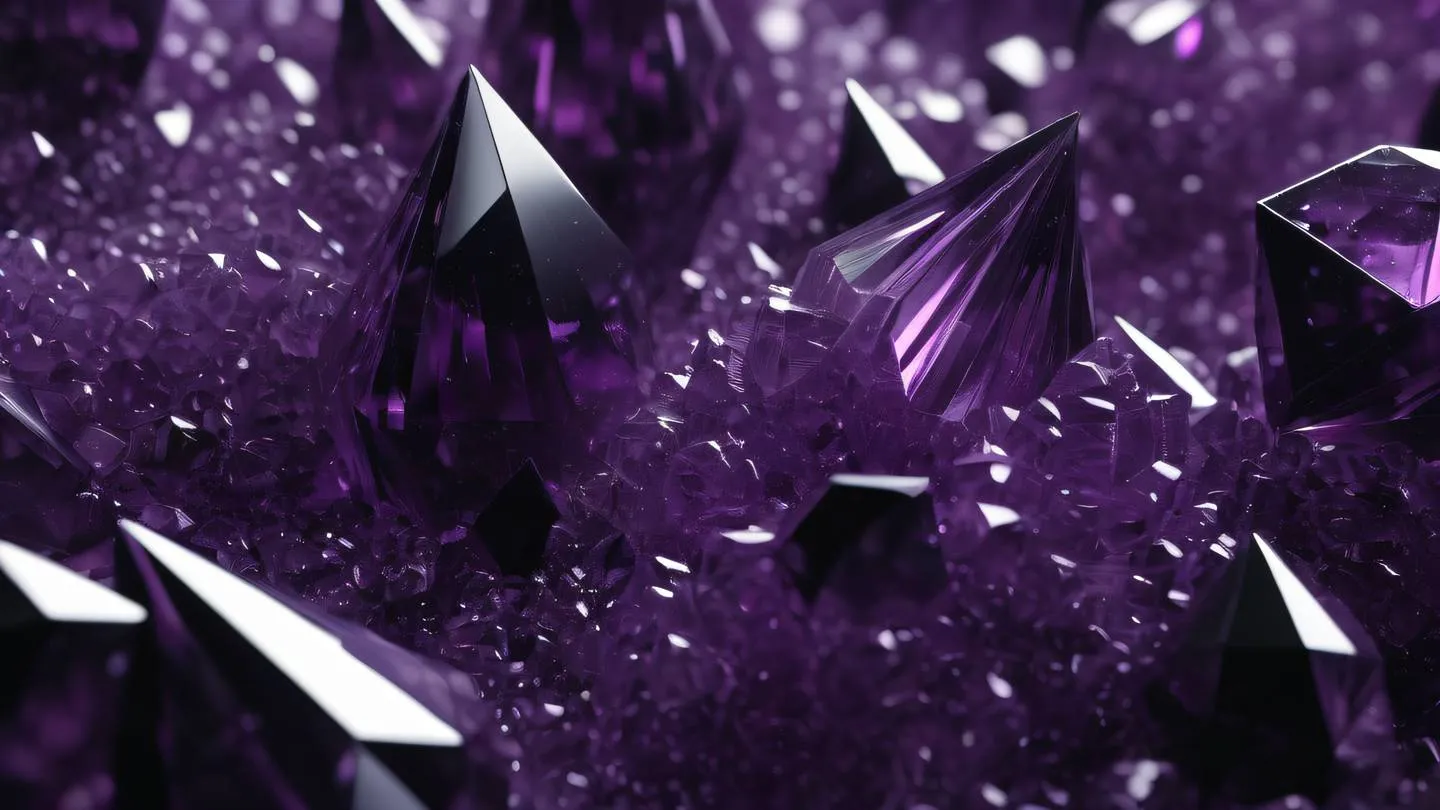 A bird's eye view of abstract crystalline structures in amethyst and black colors representing error handling patterns and flow control with sharp geometric shapes and clean lines high-quality ultra-realistic cinematic 8K UHD high resolution sharp and detail