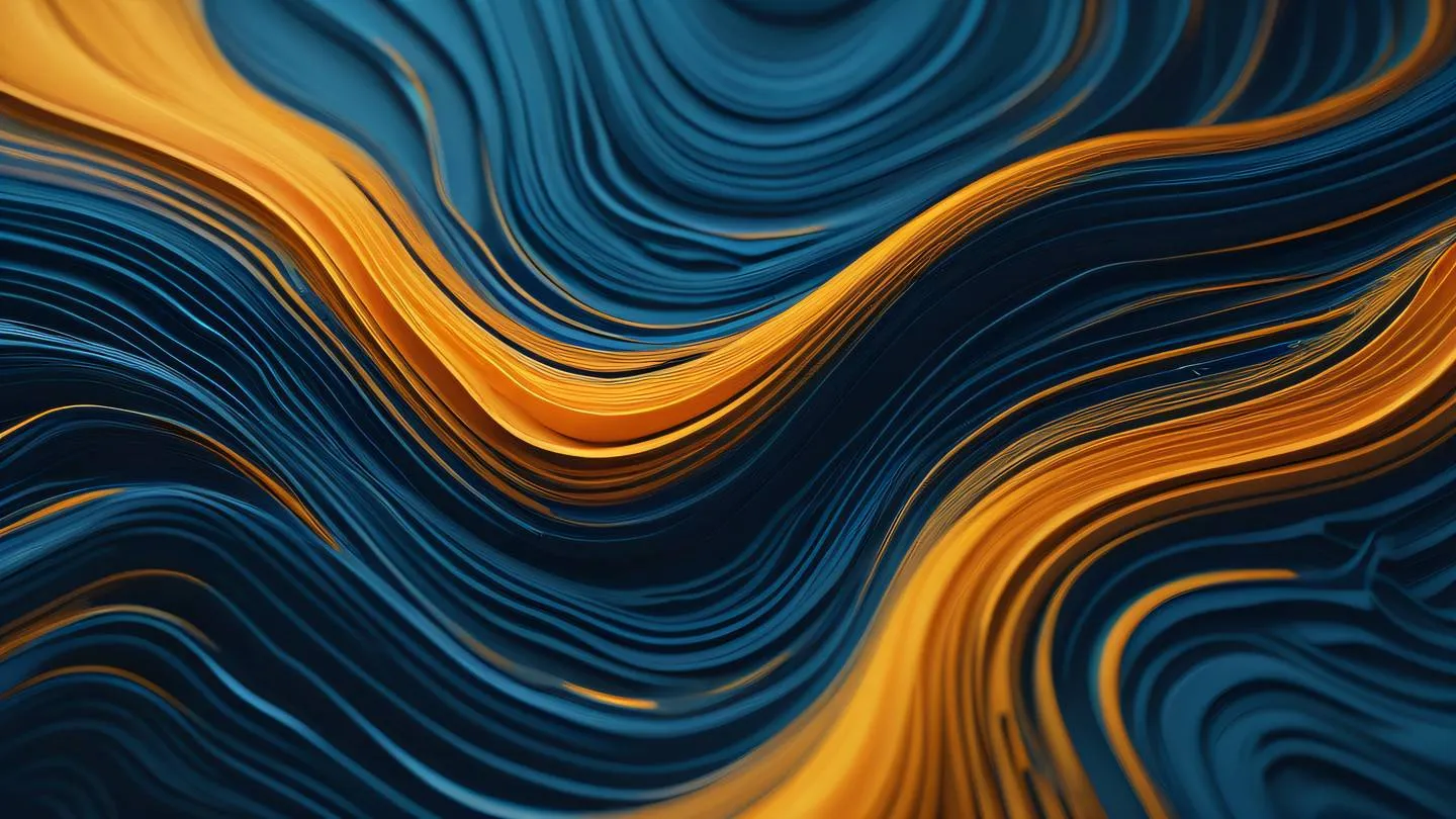 Flowing liquid patterns resembling data streams with minimalist yellow orange and blue color scheme rippling through abstract technological landscape captured from a top-down perspective high-quality ultra-realistic cinematic 8K UHD high resolution sharp and detail