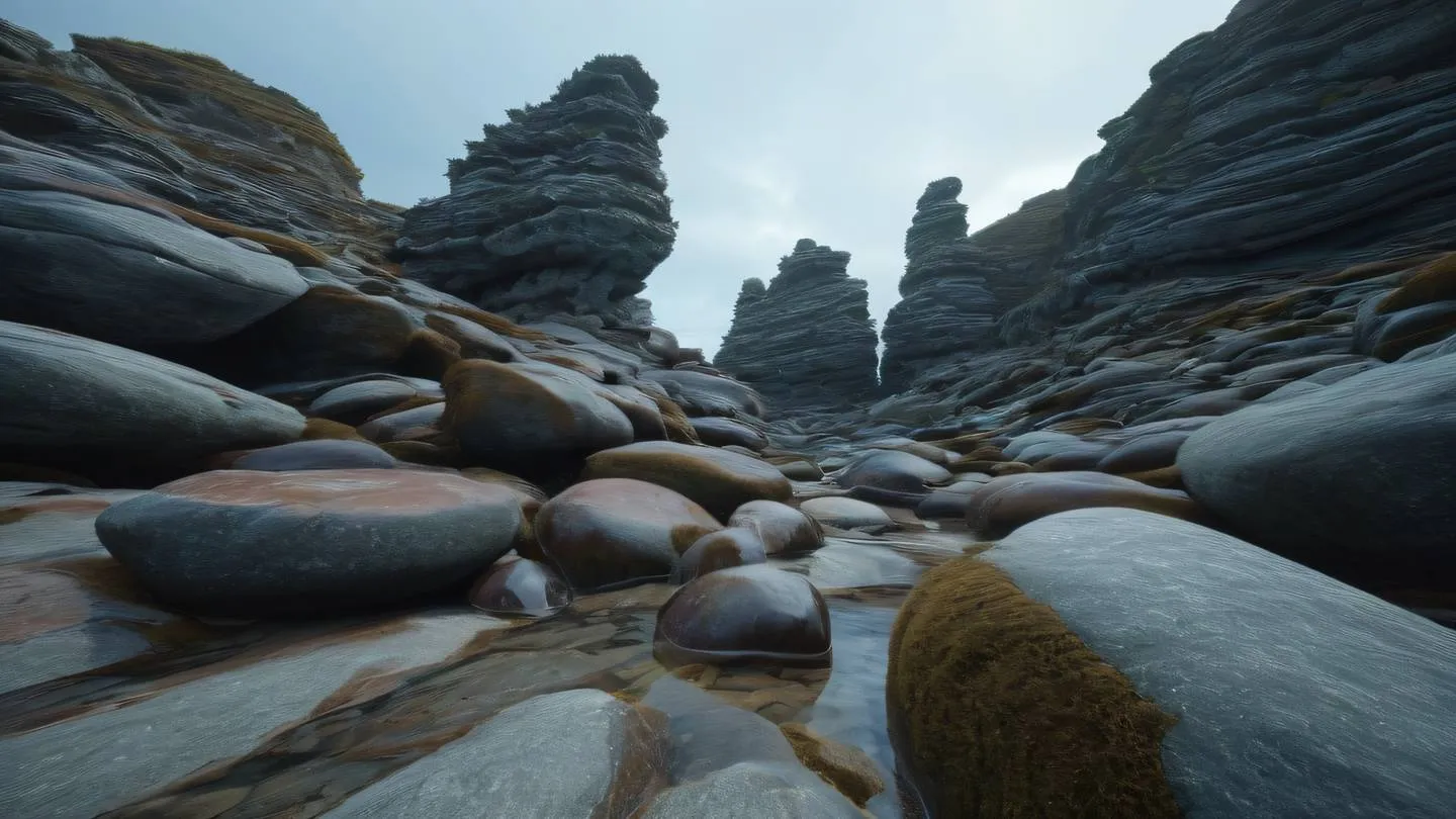 Stone formations with smooth curves and sharp edges featuring maroon seaweed and stone blue colors interweaving in natural patterns shot from a low angle perspective high-quality ultra-realistic cinematic 8K UHD high resolution sharp and detail