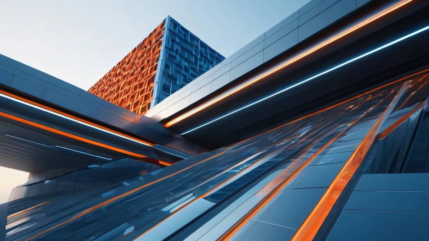 Futuristic architectural structures with clean lines and geometric patterns featuring bold orange and stone blue gradients flowing through transparent surfaces captured from a dramatic diagonal angle high-quality ultra-realistic cinematic 8K UHD high resolution sharp and detail