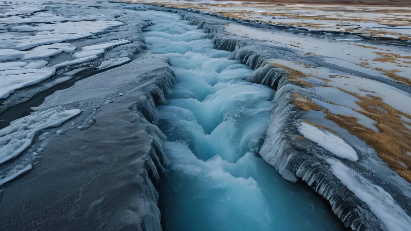 A flowing stream cascading through multiple crystalline layers of ice in Iceland captured in creamy white and golden tones photographed from an aerial perspective high-quality ultra-realistic cinematic 8K UHD high resolution sharp and detail