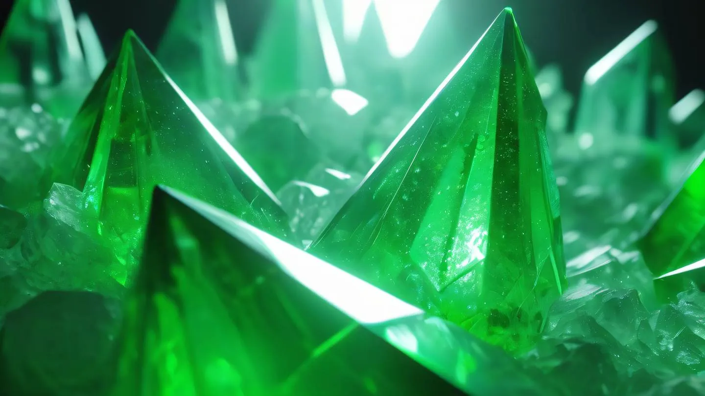 A close-up of light rays piercing through geometric crystal formations illuminated in neon green and white colors captured from a diagonal perspective high-quality ultra-realistic cinematic 8K UHD high resolution sharp and detail