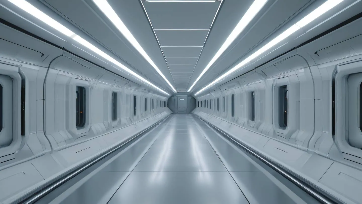 A futuristic spaceship corridor with sleek minimalist design elements featuring off-white and metallic surfaces with subtle light reflections photographed from a central perspective looking down the corridor high-quality ultra-realistic cinematic 8K UHD high resolution sharp and detail