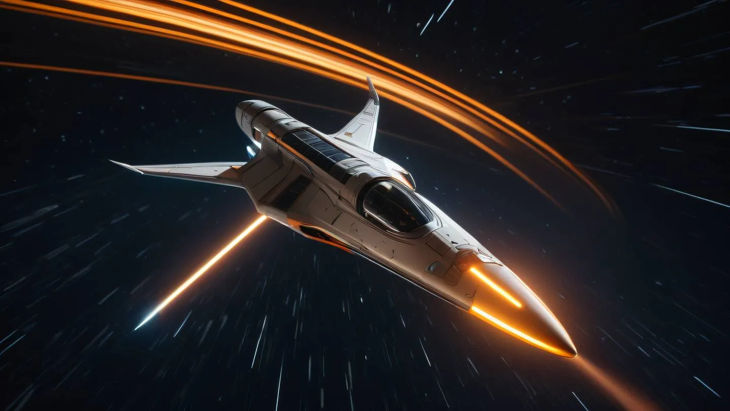 A sleek minimalist spacecraft zooming through a cosmic backdrop with streaks of orange and white light trails captured from a low angle perspective featuring geometric shapes and metallic surfaces - high-quality ultra-realistic cinematic 8K UHD high resolution sharp and detail