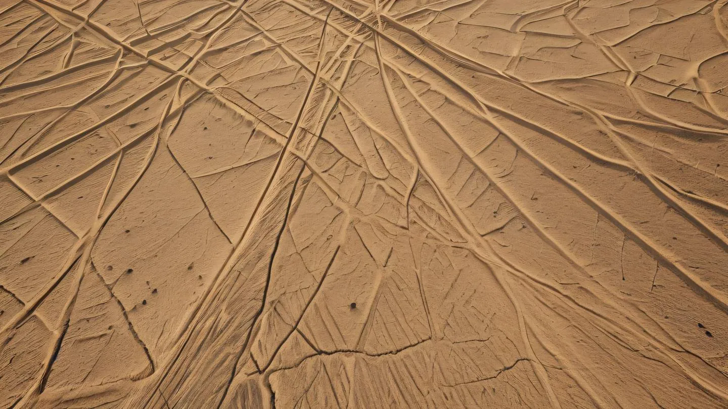 Abstract geometric patterns of interconnected nodes in natural earth tones and sandy colors floating in space captured from a bird's eye view - high-quality ultra-realistic cinematic 8K UHD high resolution sharp and detail