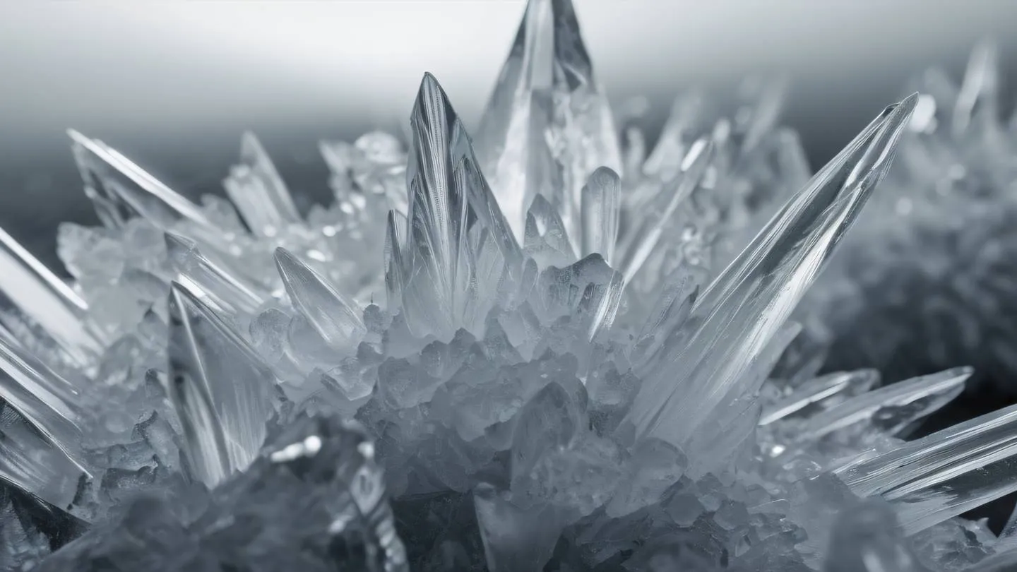 Crystalline ice formations in black and white with sharp angular shapes photographed from a straight-on perspective showing intricate patterns and reflections - high-quality ultra-realistic cinematic 8K UHD high resolution sharp and detail