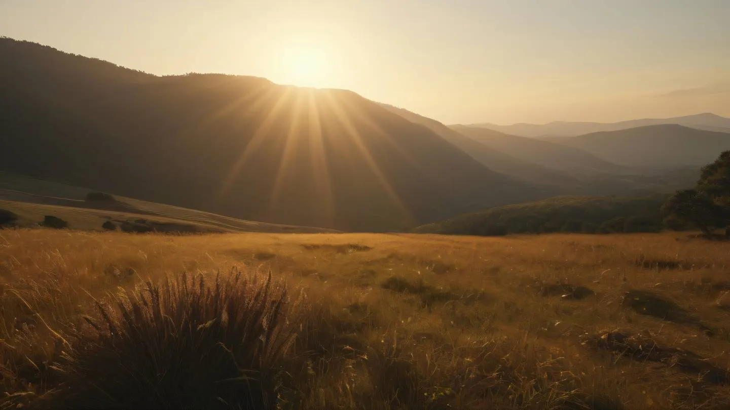 Elegant light rays piercing through natural landscapes captured during golden hour with warm orange and earth tones photographed from a dramatic low angle - high-quality ultra-realistic cinematic 8K UHD high resolution sharp and detail