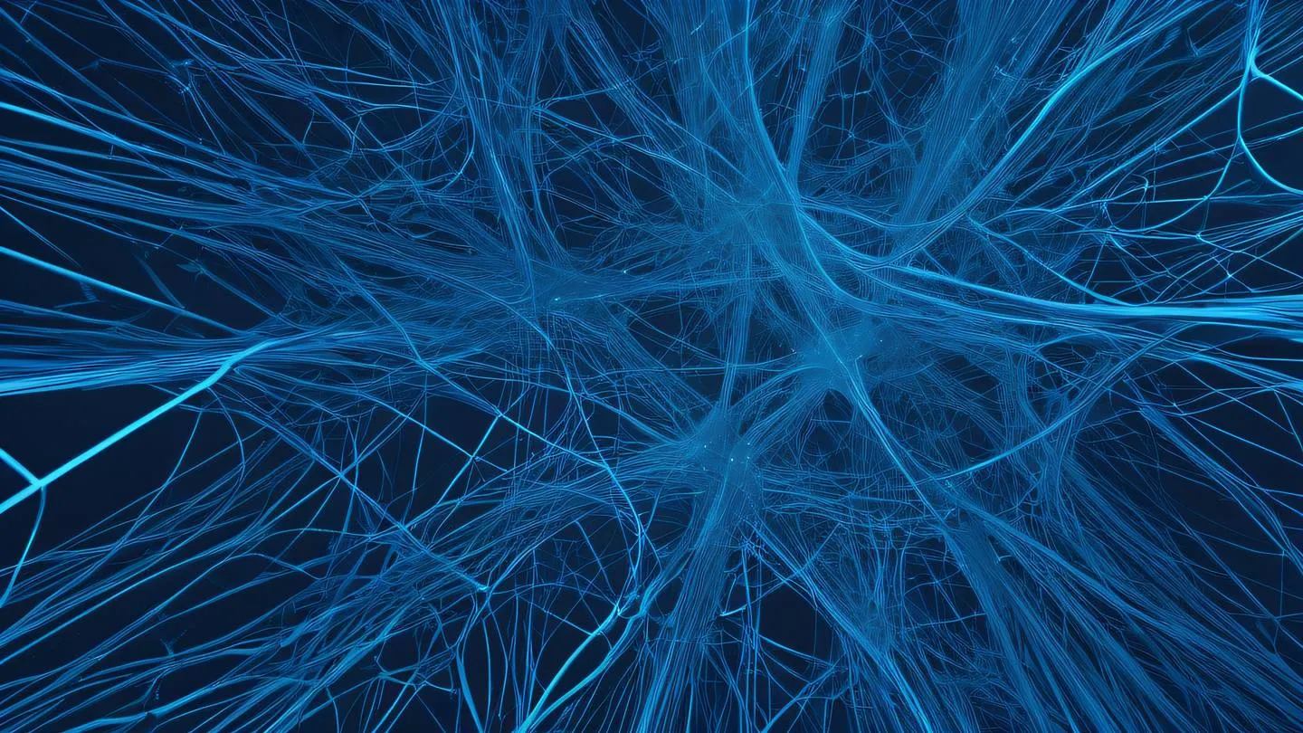 A minimalist abstract composition of interweaving paths and geometric shapes representing network routing rendered in bright light blue and deep cobalt colors with organic flowing forms photographed from top-down perspective high-quality ultra-realistic cinematic 8K UHD high resolution sharp and detail