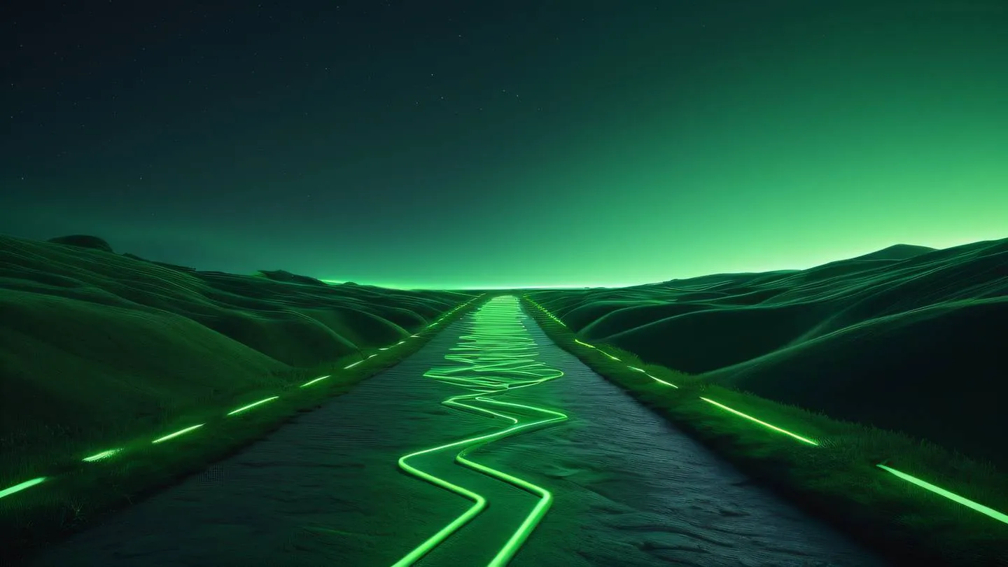 An abstract pathway through a serene landscape with floating geometric shapes rendered in dark green and vibrant neon green featuring organic curves and lines captured from a low angle perspective high-quality ultra-realistic cinematic 8K UHD high resolution sharp and detail