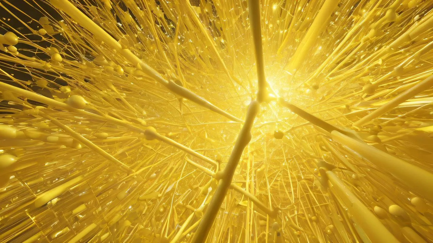 Abstract floating crystalline structures representing network nodes rendered in warm canary yellow transitioning to cream tones with dynamic light rays photographed from a dutch angle high-quality ultra-realistic cinematic 8K UHD high resolution sharp and detail