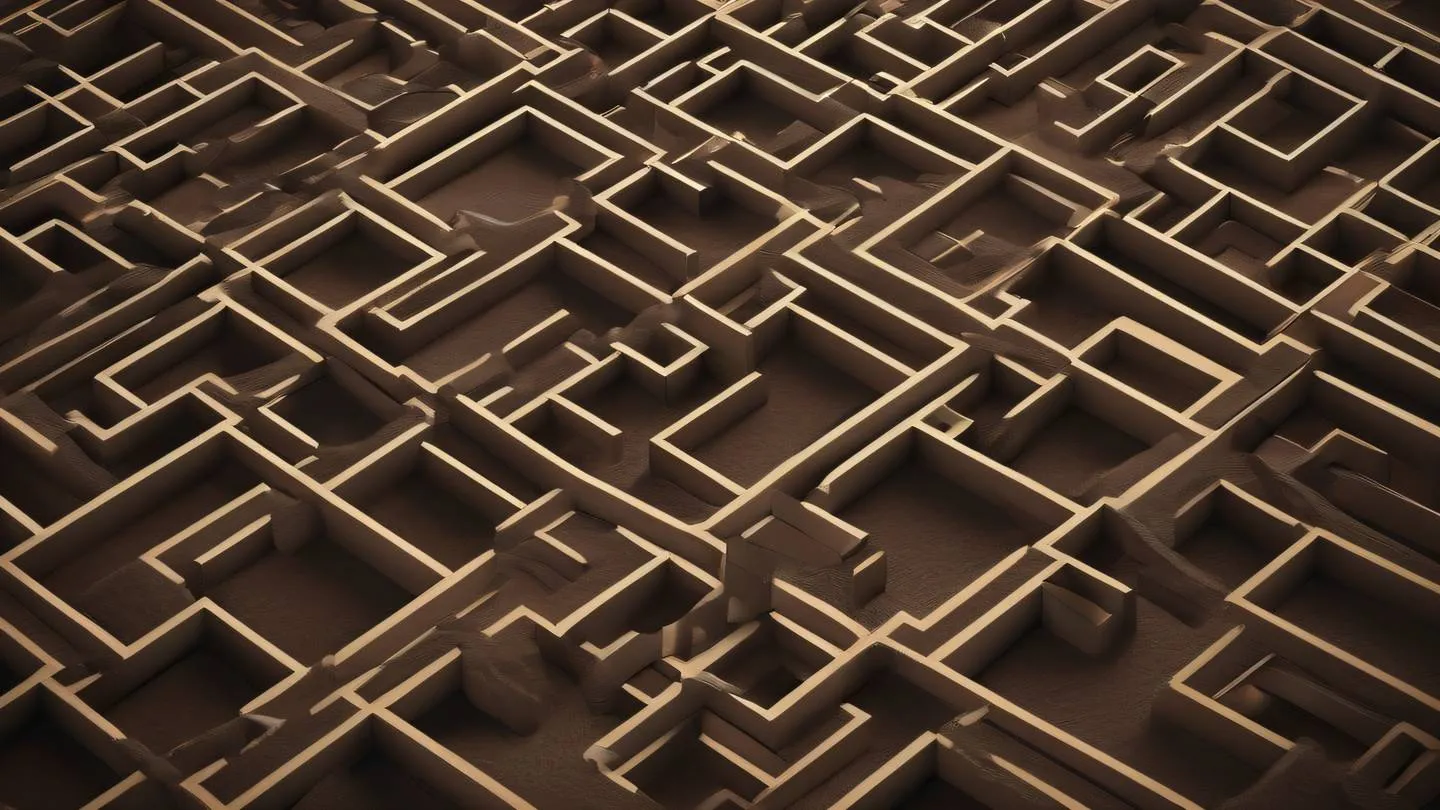 A minimalist geometric composition of interconnected paths and nodes rendered in rich earth tones and deep off-black with subtle gradients and shadows captured from an isometric perspective high-quality ultra-realistic cinematic 8K UHD high resolution sharp and detail