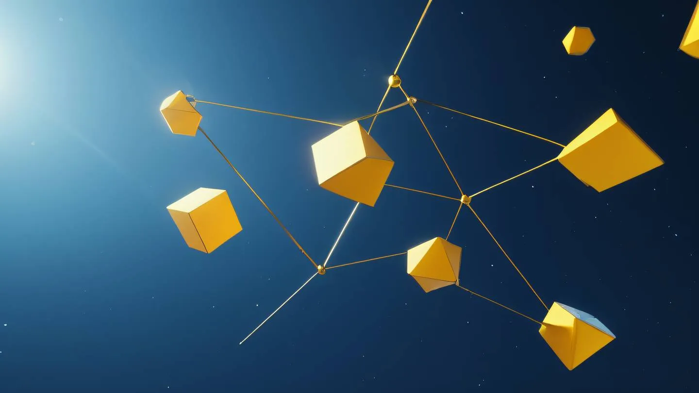 A minimalist abstract representation of interconnected geometric shapes floating in space featuring sharp lines and nodes in sunshine yellow and sapphire blue gradients ultra-realistic cinematic lighting 8K UHD high resolution sharp and detailed captured from a low angle perspective looking upward