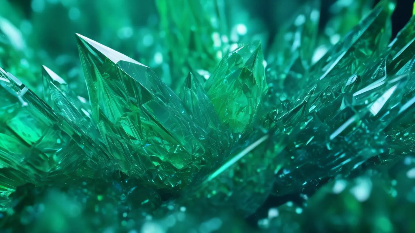 A close-up macro shot of crystalline structures forming intricate patterns in fluorescent green and sapphire blue tones high-quality ultra-realistic cinematic 8K UHD high resolution sharp and detail captured from a macro close-up perspective