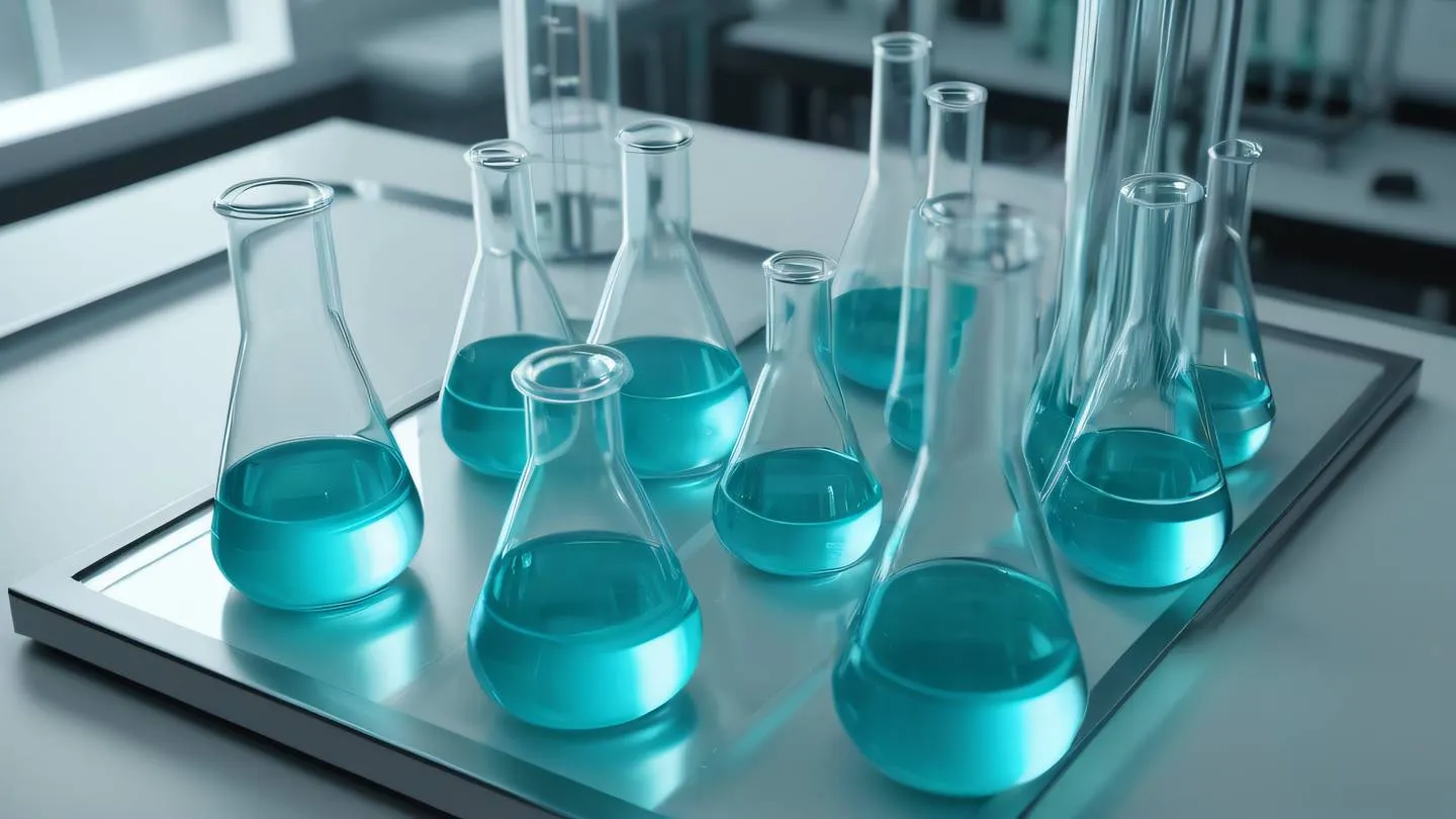 A modern minimalist laboratory setup with glass beakers and test tubes containing turquoise blue liquid viewed from a 45-degree elevated angle high-quality ultra-realistic cinematic 8K UHD high resolution sharp and detail