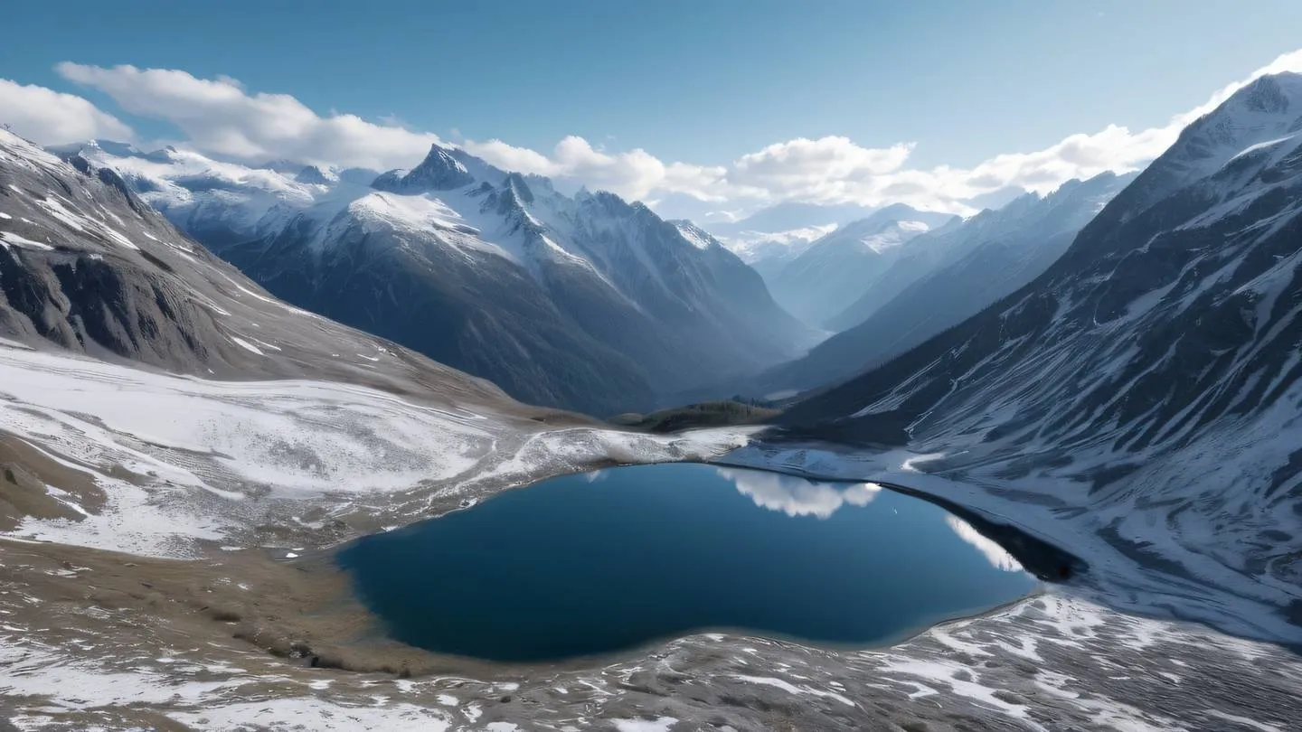 A serene mountain valley with snow-capped peaks reflecting cool steel grey and silver tones in a crystal-clear lake captured from a drone perspective high-quality ultra-realistic cinematic 8K UHD high resolution sharp and detail