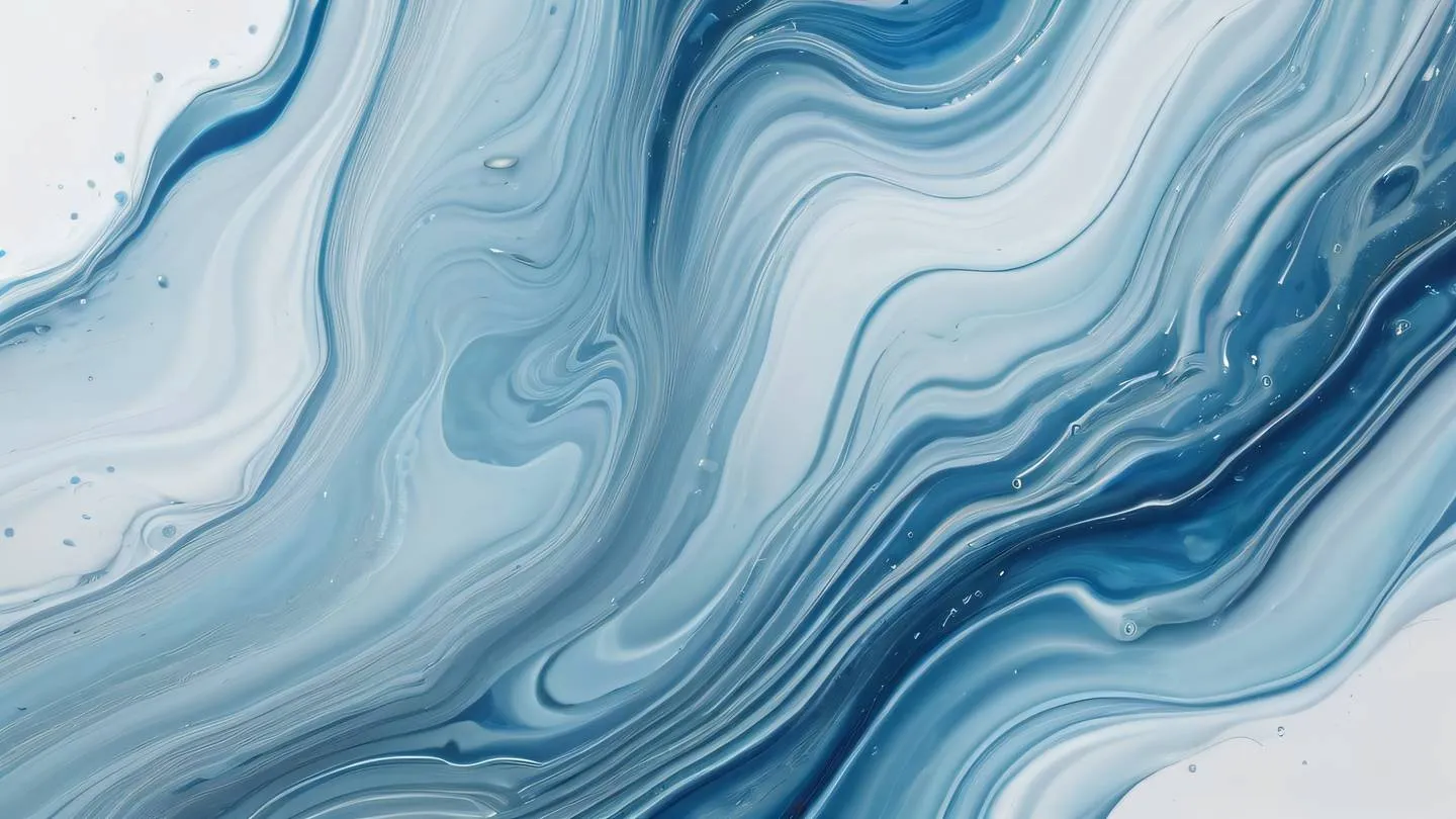 An abstract fluid art composition with flowing iridescent blues and metallic silvers creating a dynamic pattern against a white background photographed from a top-down perspective high-quality ultra-realistic cinematic 8K UHD high resolution sharp and detail