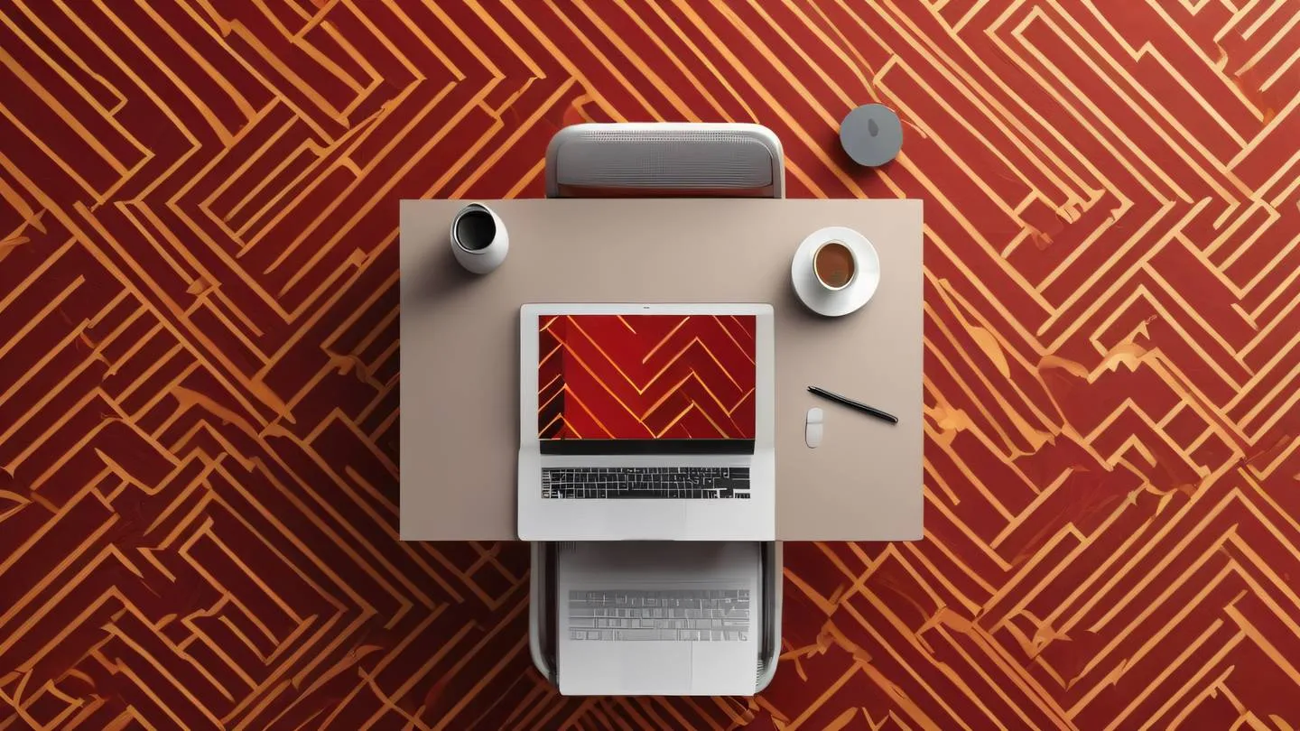 A minimalist workspace setup with floating geometric patterns featuring perfect red and ochre colors interweaving in an abstract pattern captured from a top-down perspective high-quality ultra-realistic cinematic 8K UHD high resolution sharp and detail