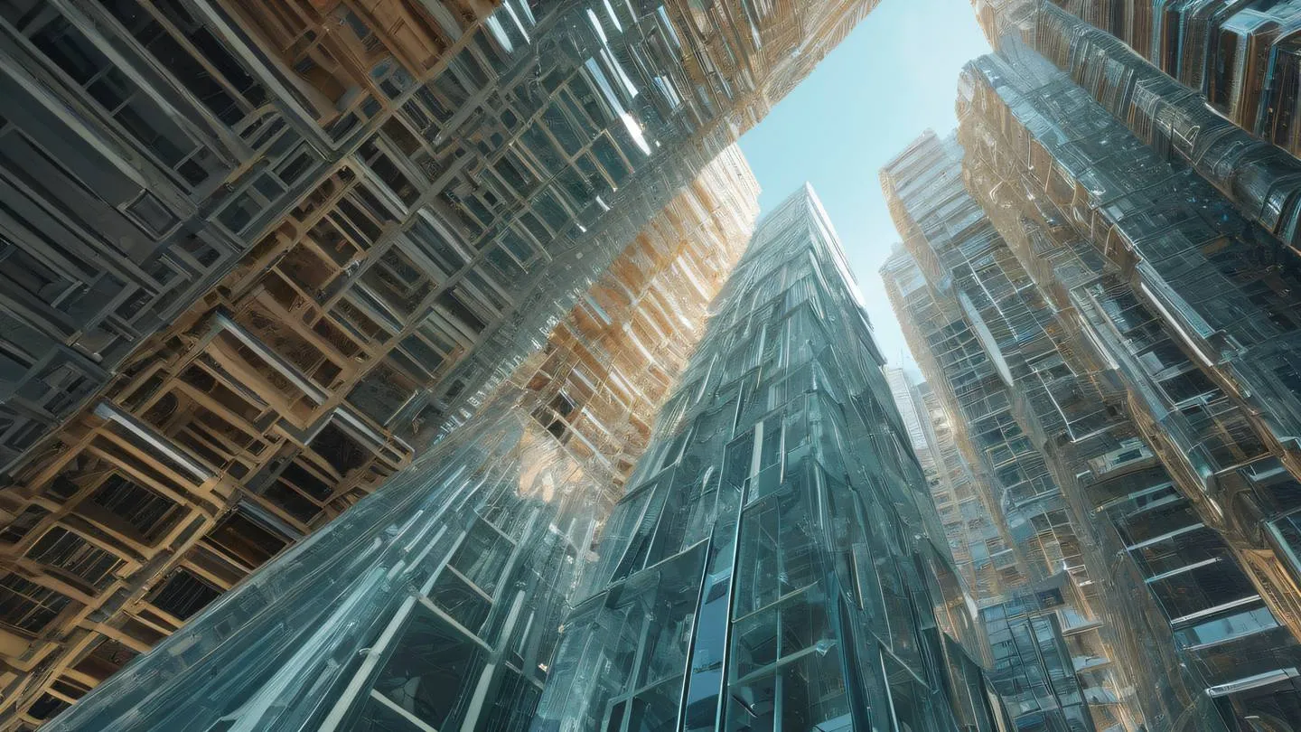 Abstract crystalline structures representing code architecture with creamy and gem colors forming intricate patterns and reflections captured from an upward angle perspective high-quality ultra-realistic cinematic 8K UHD high resolution sharp and detail