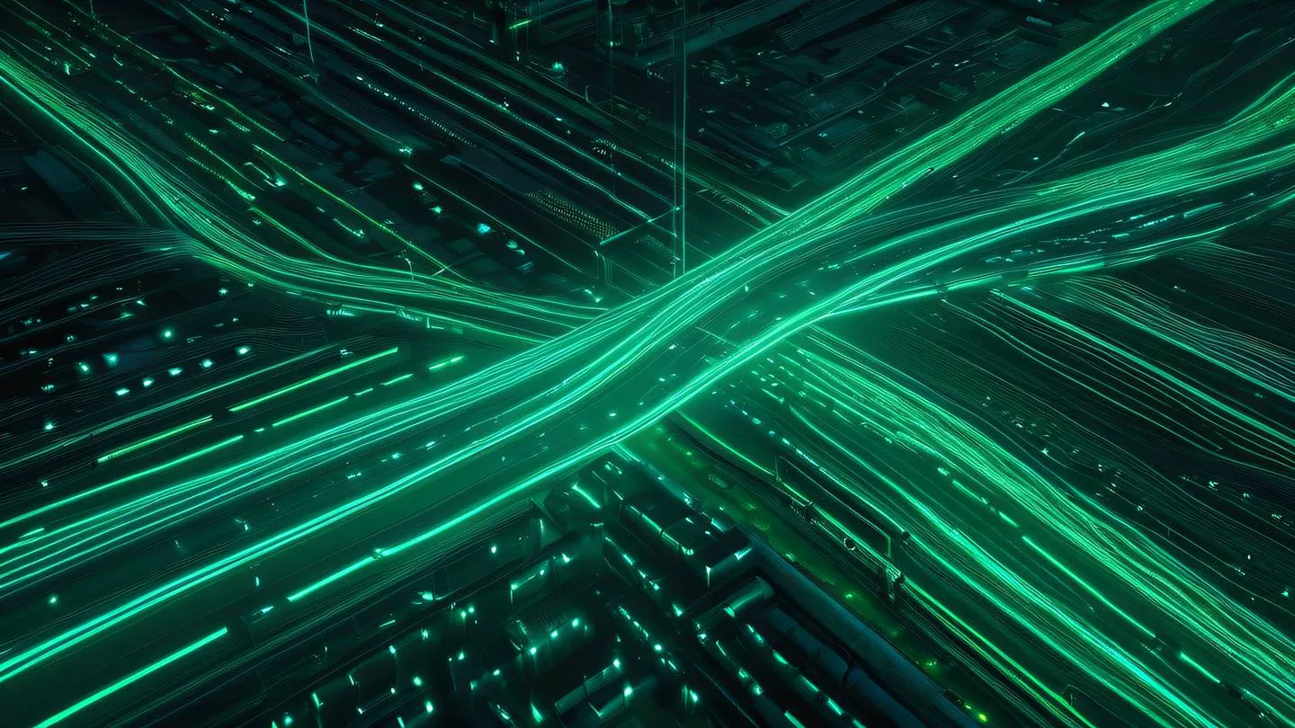 A flowing river of binary data visualized as streaming lines of light colored in bright neon green and cyan captured from a top-down aerial view high-quality ultra-realistic cinematic 8K UHD high resolution sharp and detail