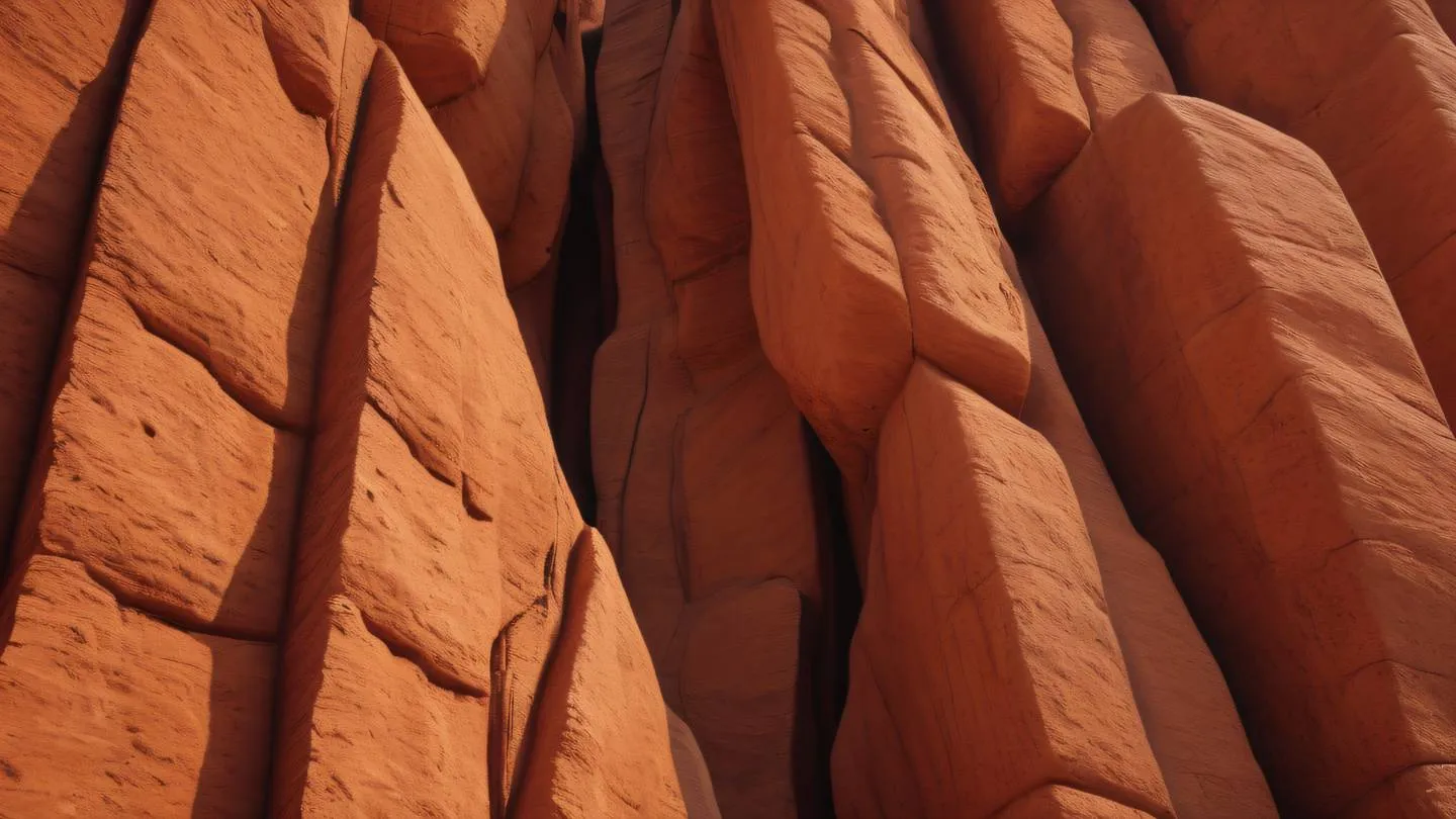 Abstract stone formations with smooth geometric shapes rendered in warm oranges and deep reds photographed from a low angle perspective high-quality ultra-realistic cinematic 8K UHD high resolution sharp and detail