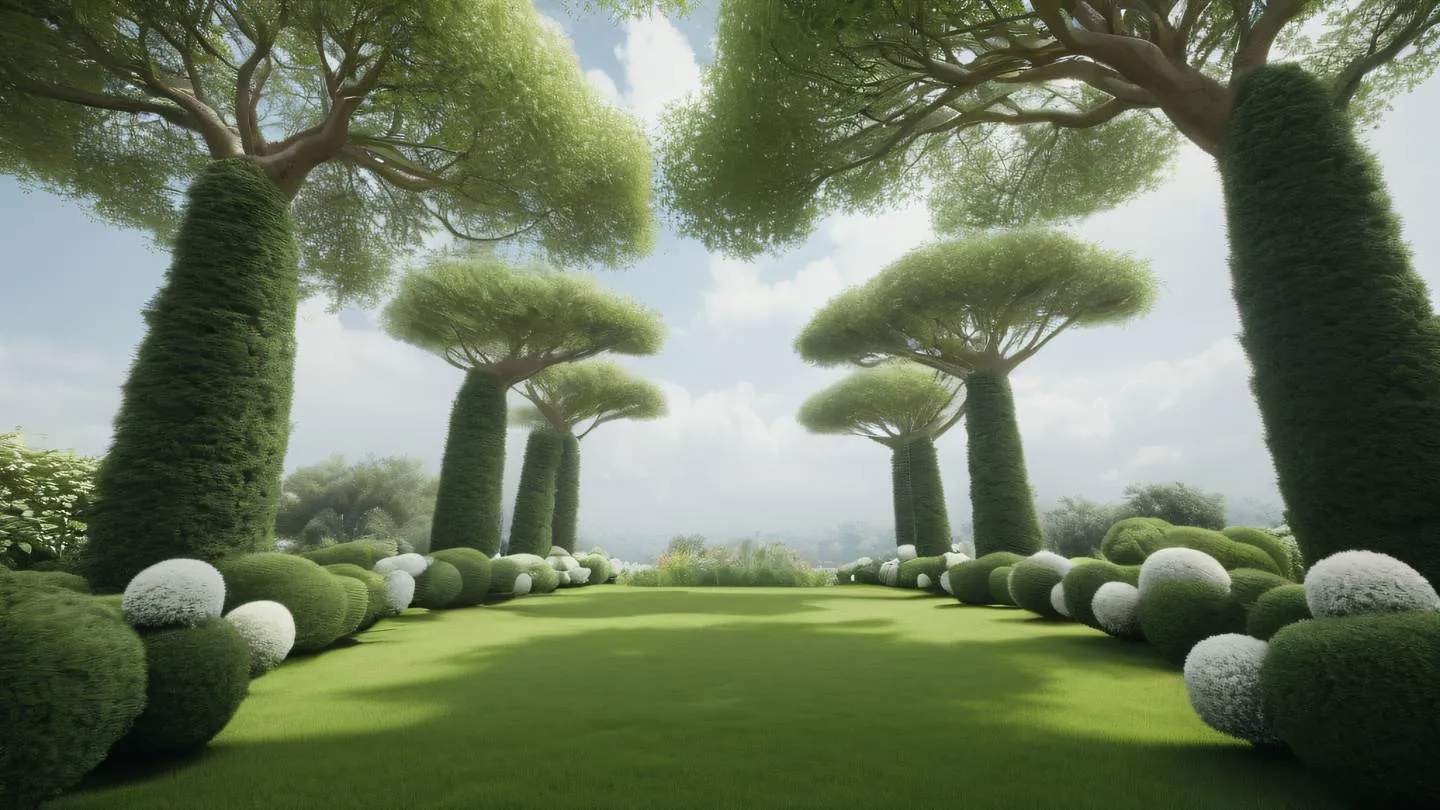 A serene garden scene with geometric topiaries and floating cloud-like shapes in breezeway and whisper white colors viewed from a low angle perspective looking up high-quality ultra-realistic cinematic 8K UHD high resolution sharp and detail