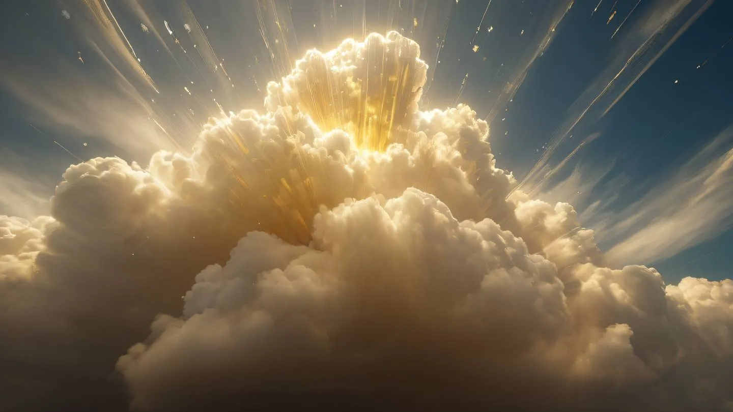 A dynamic cloud formation with geometric shapes emerging from within in gold and etched glass colors photographed from a dramatic upward angle high-quality ultra-realistic cinematic 8K UHD high resolution sharp and detail